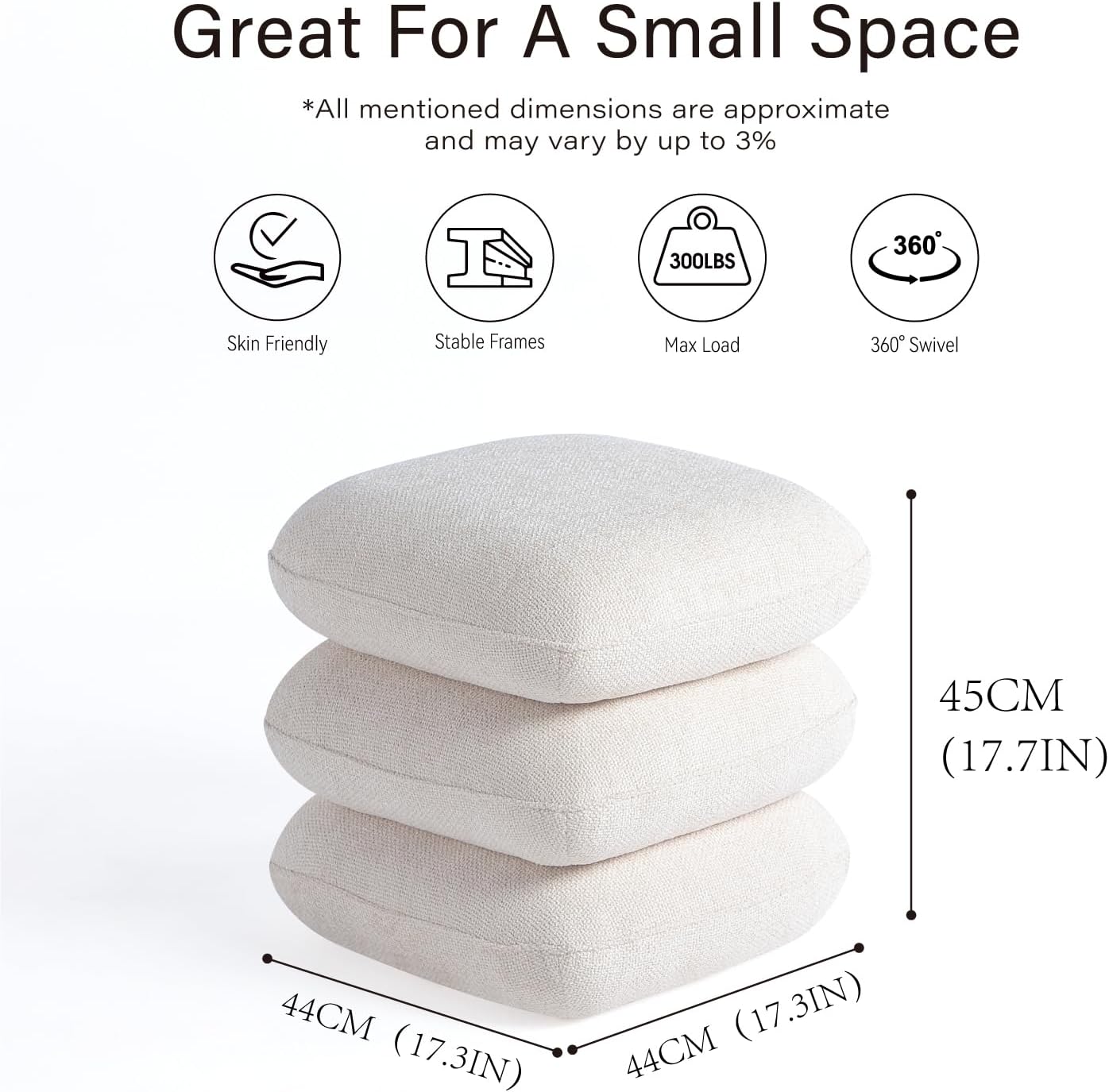 Get Set Style 360° Swivel Linen Ottoman, Modern Upholstered Foot Stool, Multifunctional Vanity Chair Accent Stool for Small Space, Living Room, Bedroom, Entryway, Warm Ivory