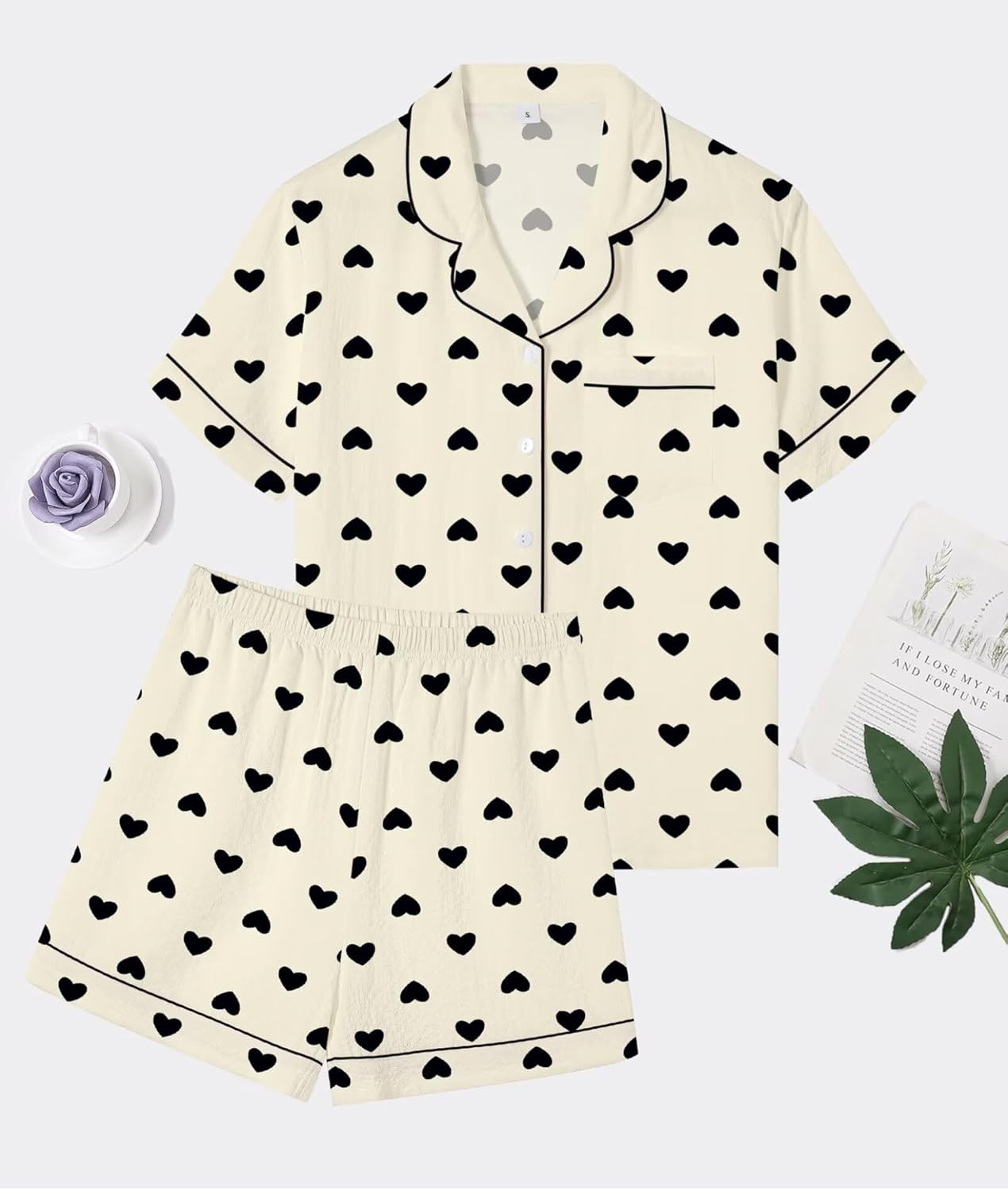 SWOMOG Women 2 Piece Pajamas Sets Short Sleeve Pj Sets Cute Printed Sleepwear Button Down Shirt with Lounge Shorts Set - Image 4