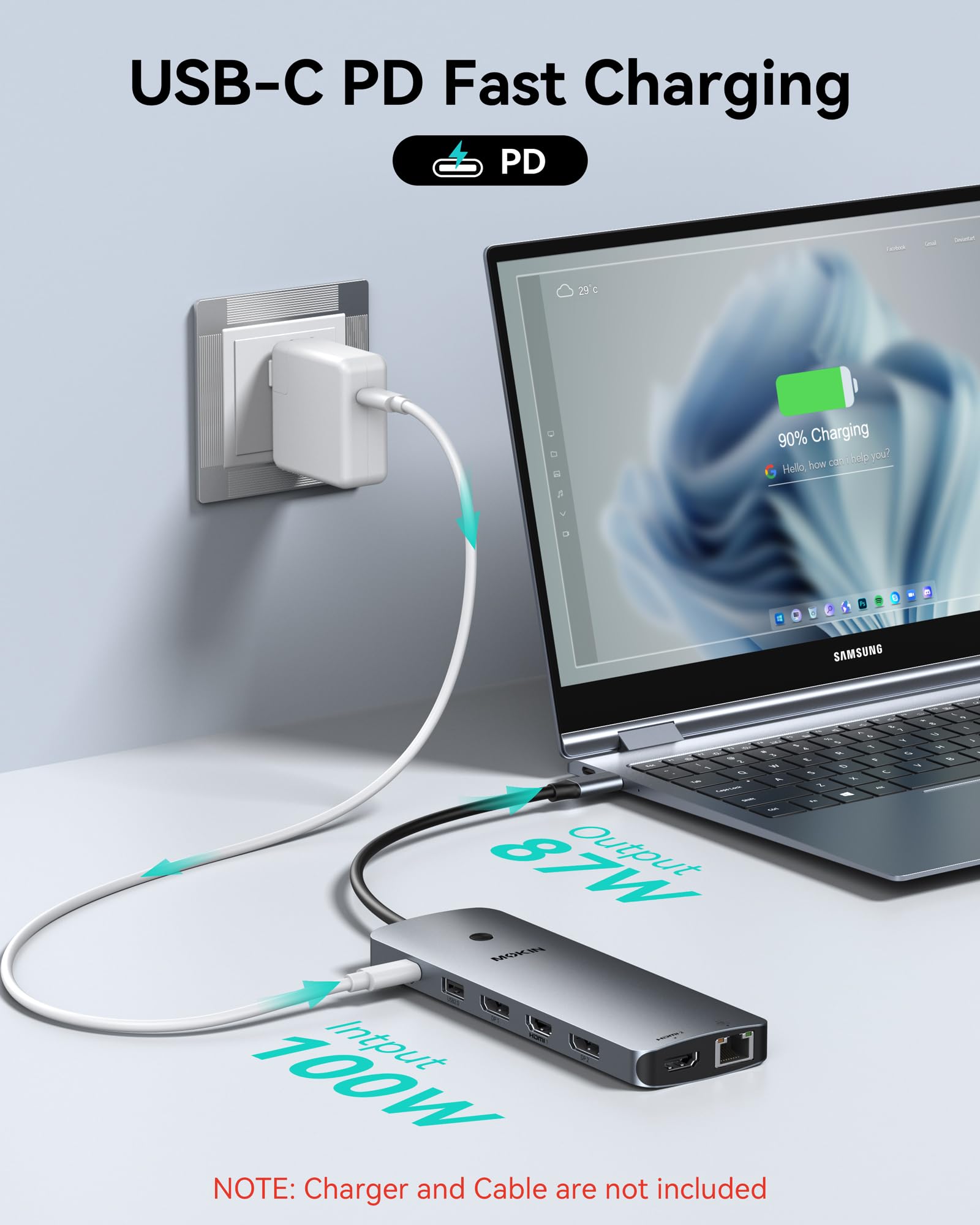MOKiN Adattatore per docking station USB C triplo monitor per Windows, Dual HDMI 4K, DisplayPort, VGA, ricarica PD da 100 W, Gigabit Ethernet, 3 x USB 3.0, hub USB-C per laptop e Mac