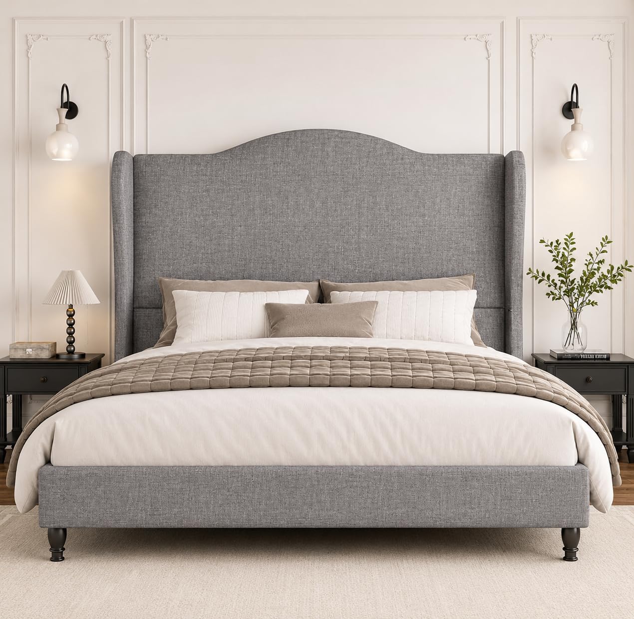 Photo 1 of Feuorlwe Queen Size Bed Frame with 50.4" Tall Wingback Headboard, Upholstered Platform Bed Frame with Arched Tufted Design, No Box Spring Needed, 1000lbs Heavy Duty Support, Easy Assembly, Light Grey