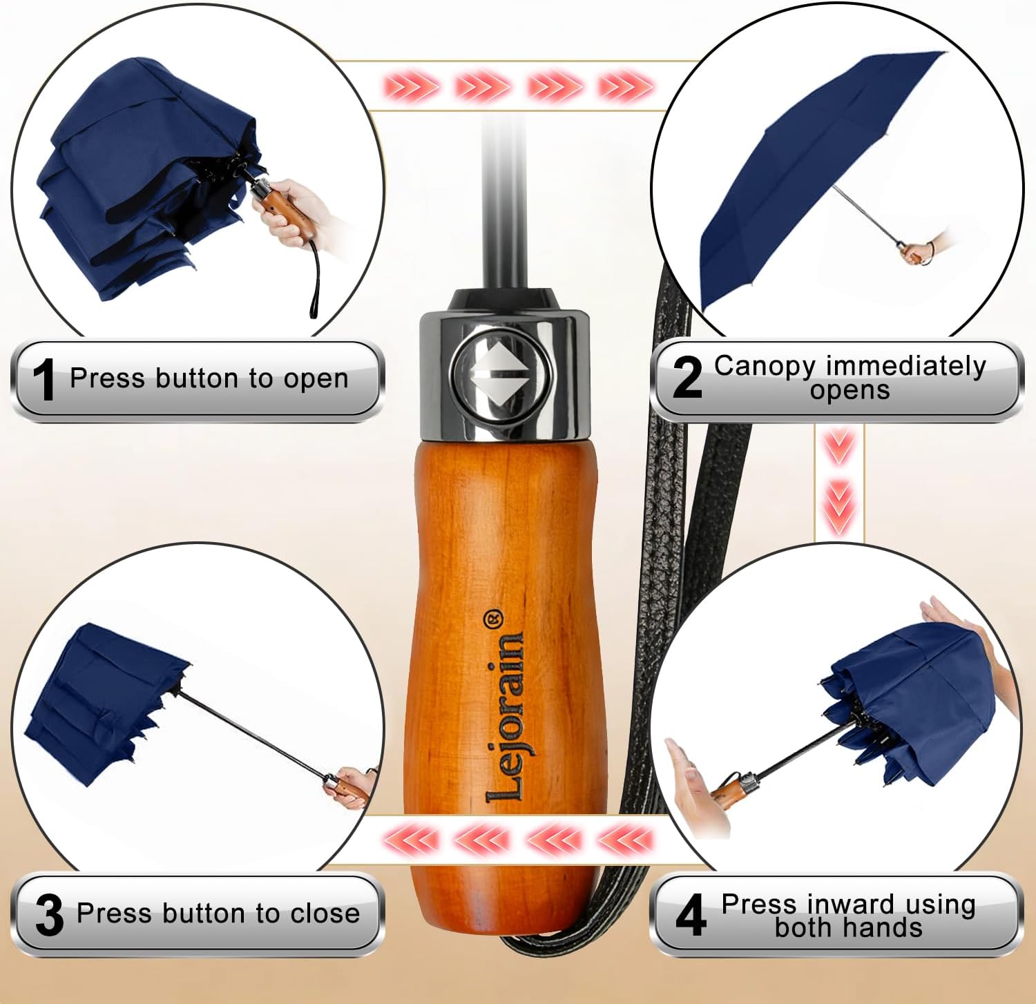 Windproof Golf Umbrella Large 54 Inch Folding Auto Open Close Wood Handle