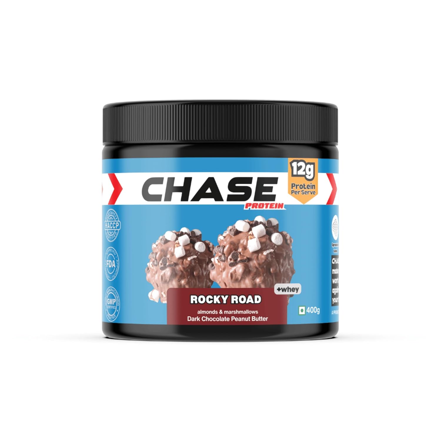 Chase Protein Peanut Butter Rocky Road | 12g Protein | Dark Chocolate with Almonds & Marshmallows | Added Whey | 400g Jar