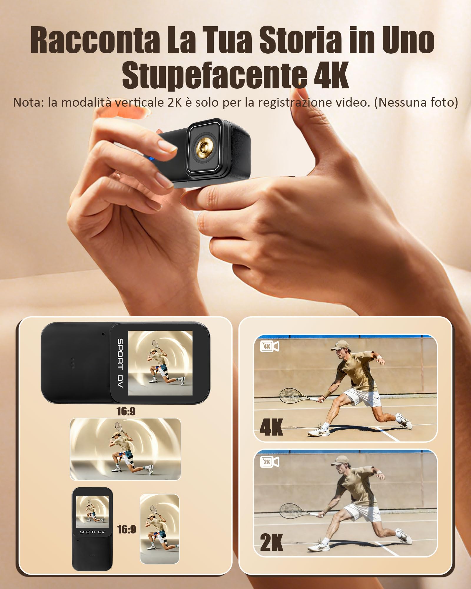 Action Cam 4K WiFi con Scheda TF 64GB, POV Camera con Cover Posteriore Magnetica, Body Cam Mini Impermeabile 30M, Telecamera per Casco Moto, Esterno e Vlog