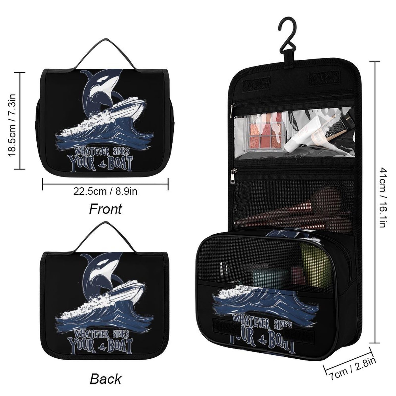 Killer Whale Whatever Sinks Your Boat Makeup Bag Portable Hanging Organizer for Travel Wash Bags With Handle And Divider