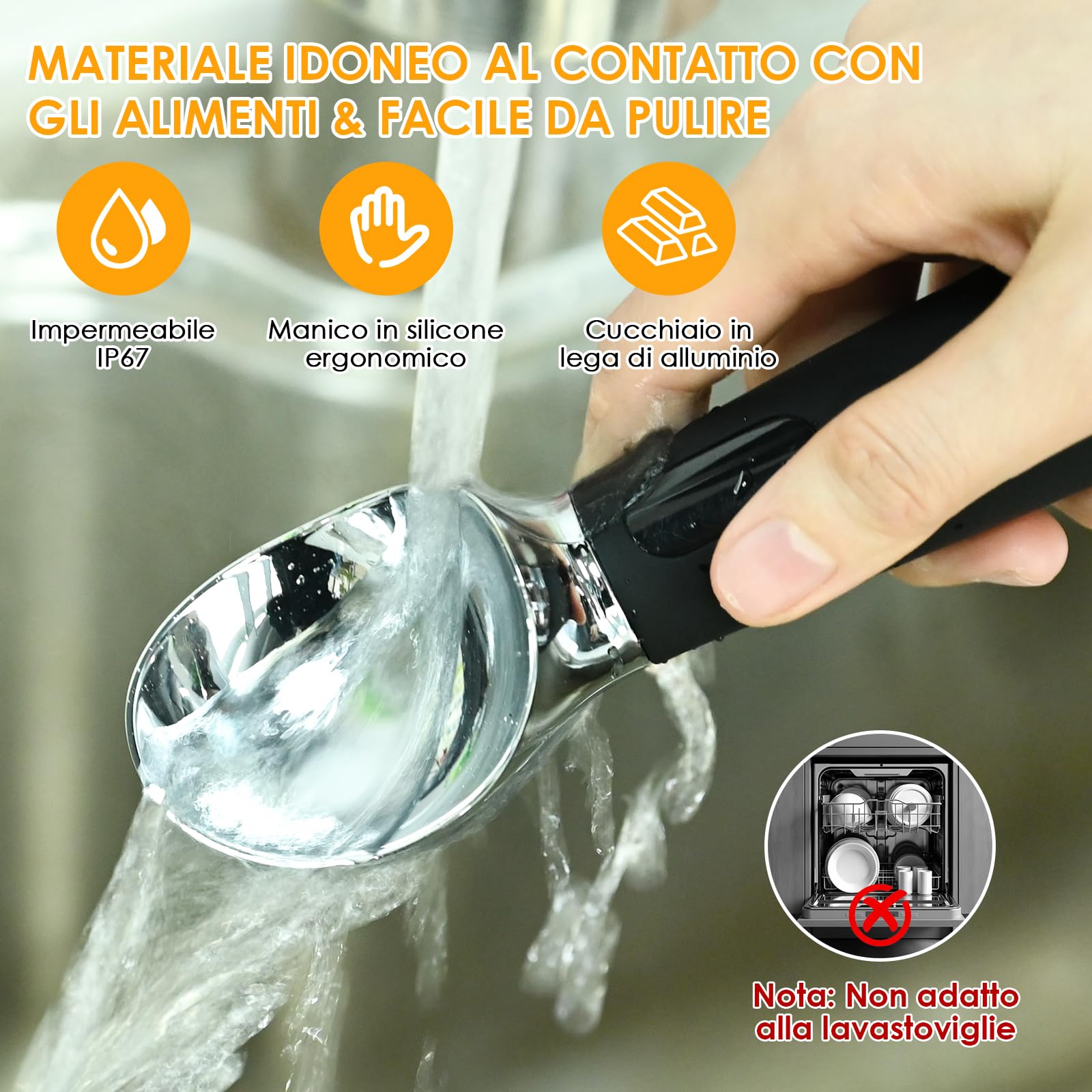 Cucchiaio Gelato, Paletta per Gelato Elettrica Riscaldata con 3 Posizioni di Riscaldamento, Ricaricabile, Impermeabilità IPX7, Porzionatore Antiaderente, Ice Ball Scoop for Hard lce Cream