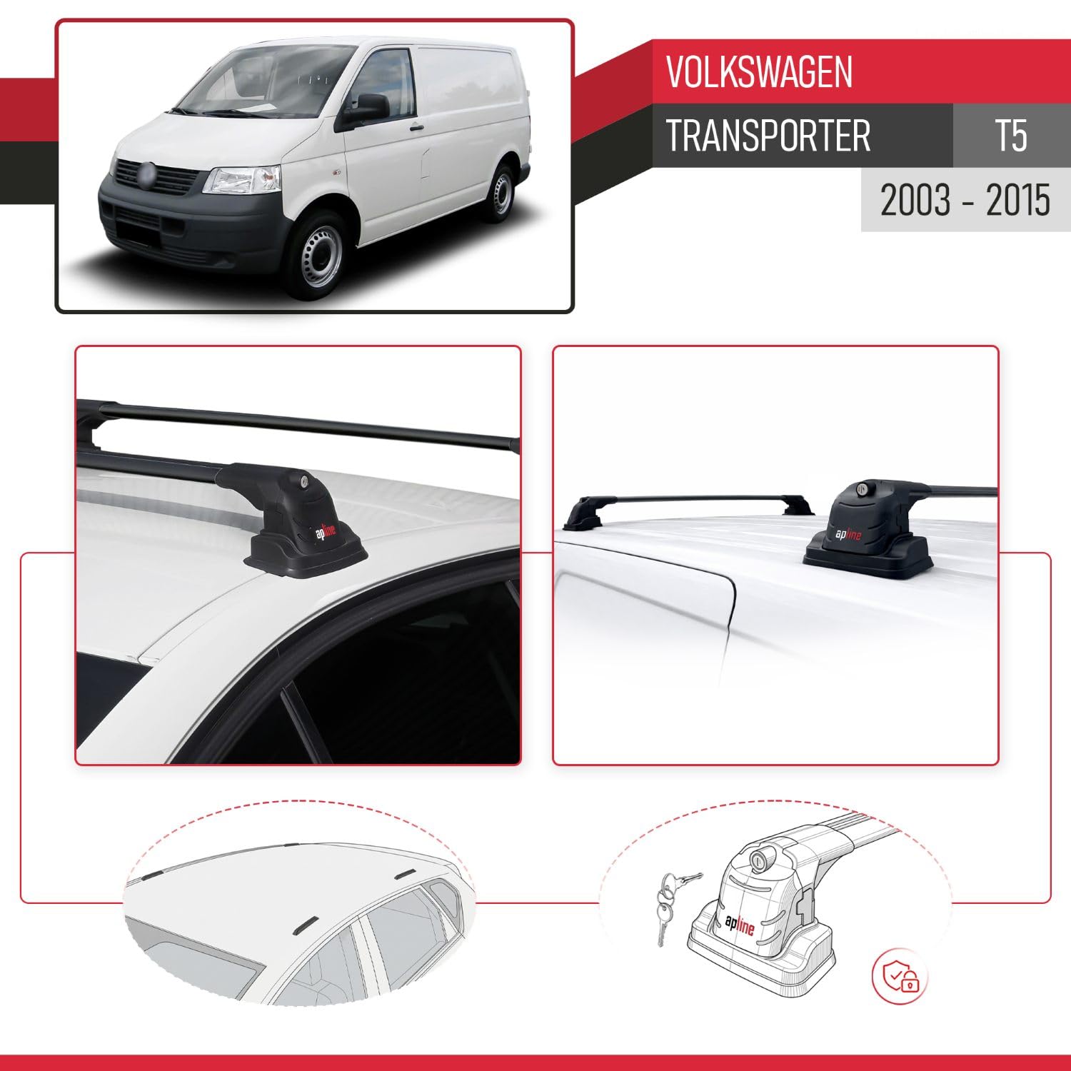 Kompatybilny z Volkswagen Transporter (T5) 2003-2015 ACE-3 Model Aluminiowy bagażnik dachowy 2 poprzeczki, czarne