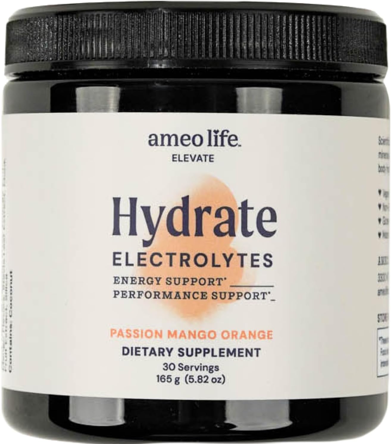 Ameo Life Hydrate Electrolyte Powder – Clean, No Sugar, Mineral-Rich Hydration Blend for Energy, Performance & Recovery - 30-Servings Passion Mango Orange