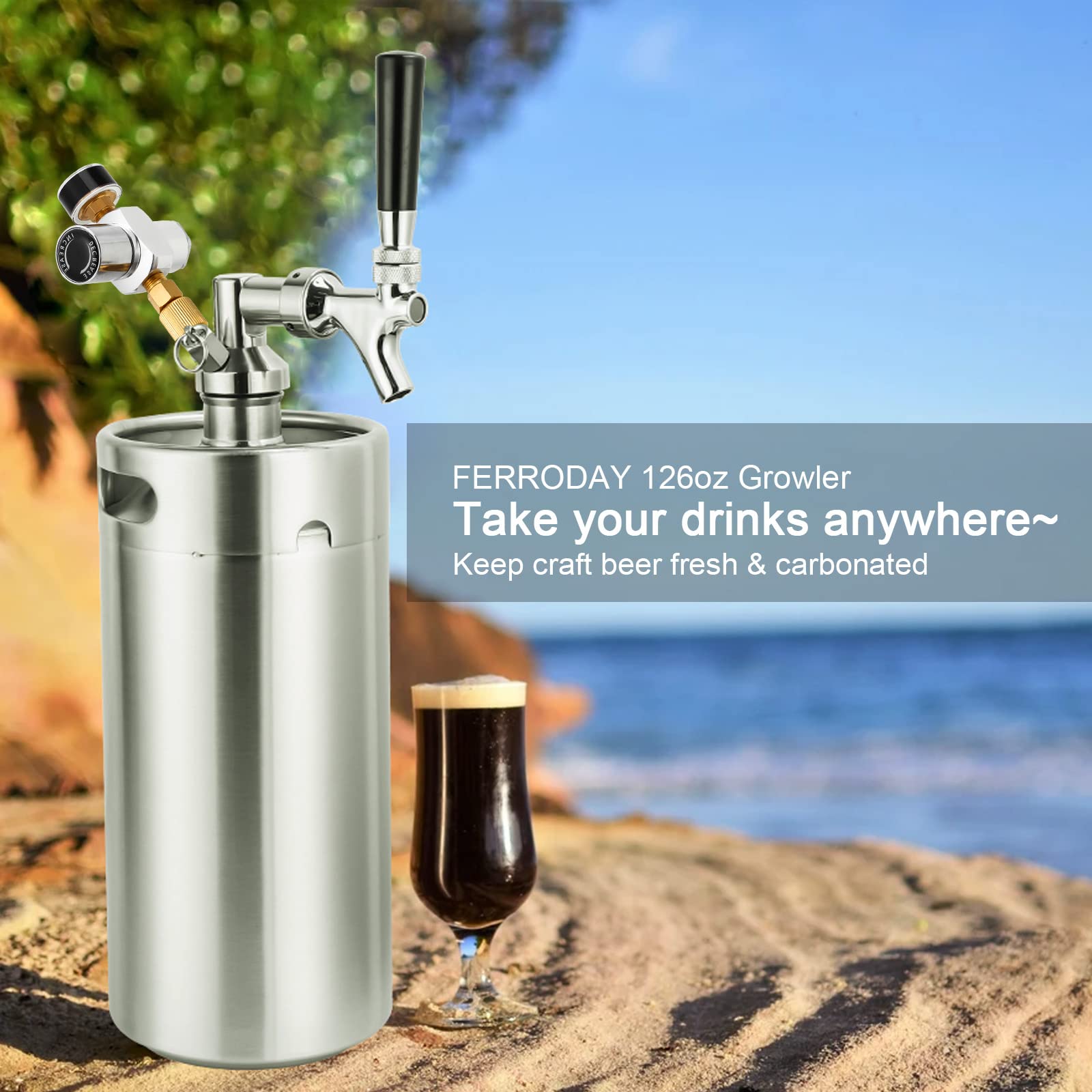 FERRODAY 126oz Mini Keg Growler Tap System Beer Dispenser Stainless Steel Home Keg Kit 30 psi