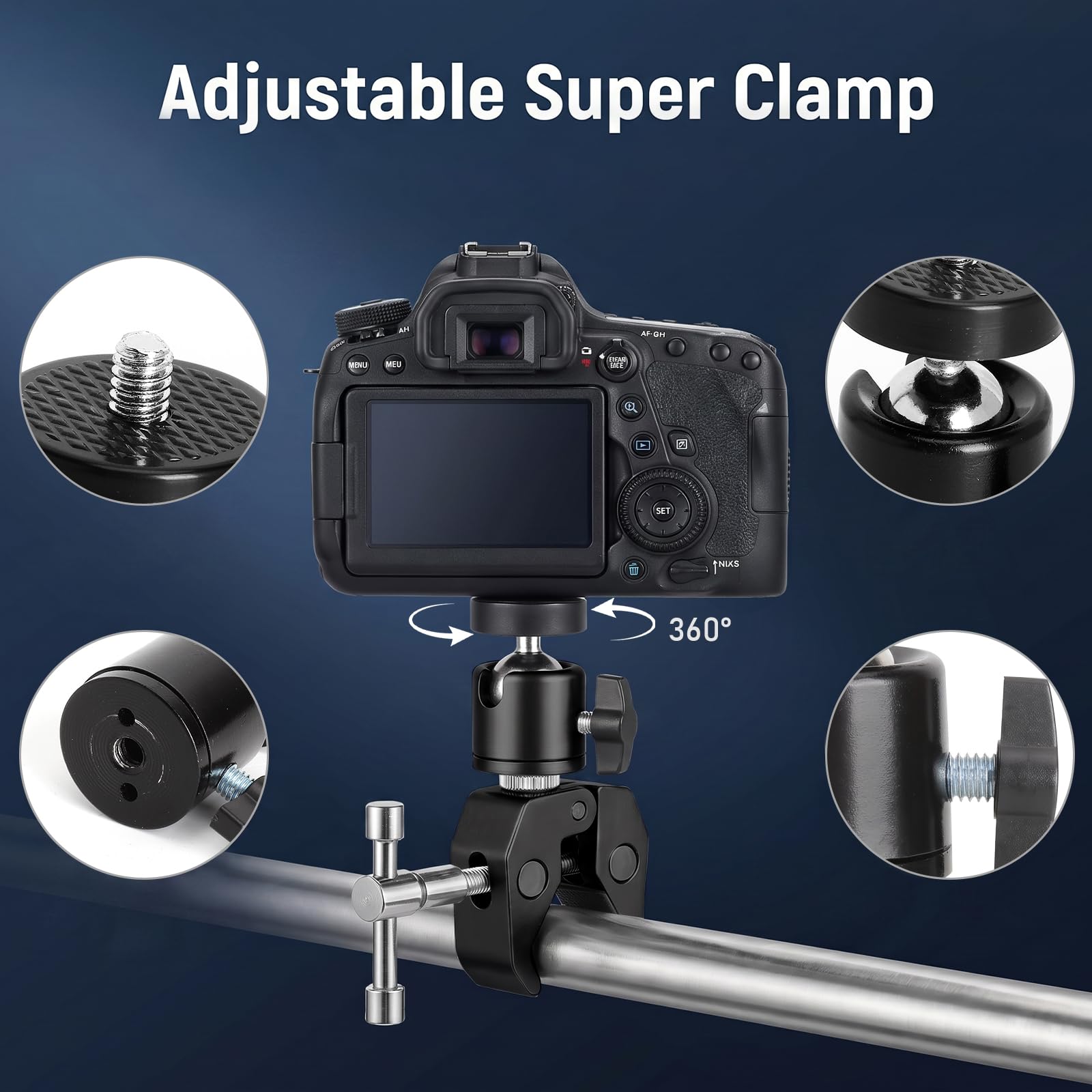 Super Clamp Magic Arm, metalowy uchwyt zaciskowy z adapterem gwintowanym 1/4 cala i 3/8", uchwyt na kamerę, statyw zaciskowy, zaciski statywu kulowego do aparatu, oświetlenia LED, monitora