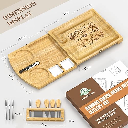 Miniatura 3 de Juego de tablas de charcutería, plato giratorio para vino, carne, queso, servidor de queso de bambú con cuchillos, tenedores, abridor de vino,