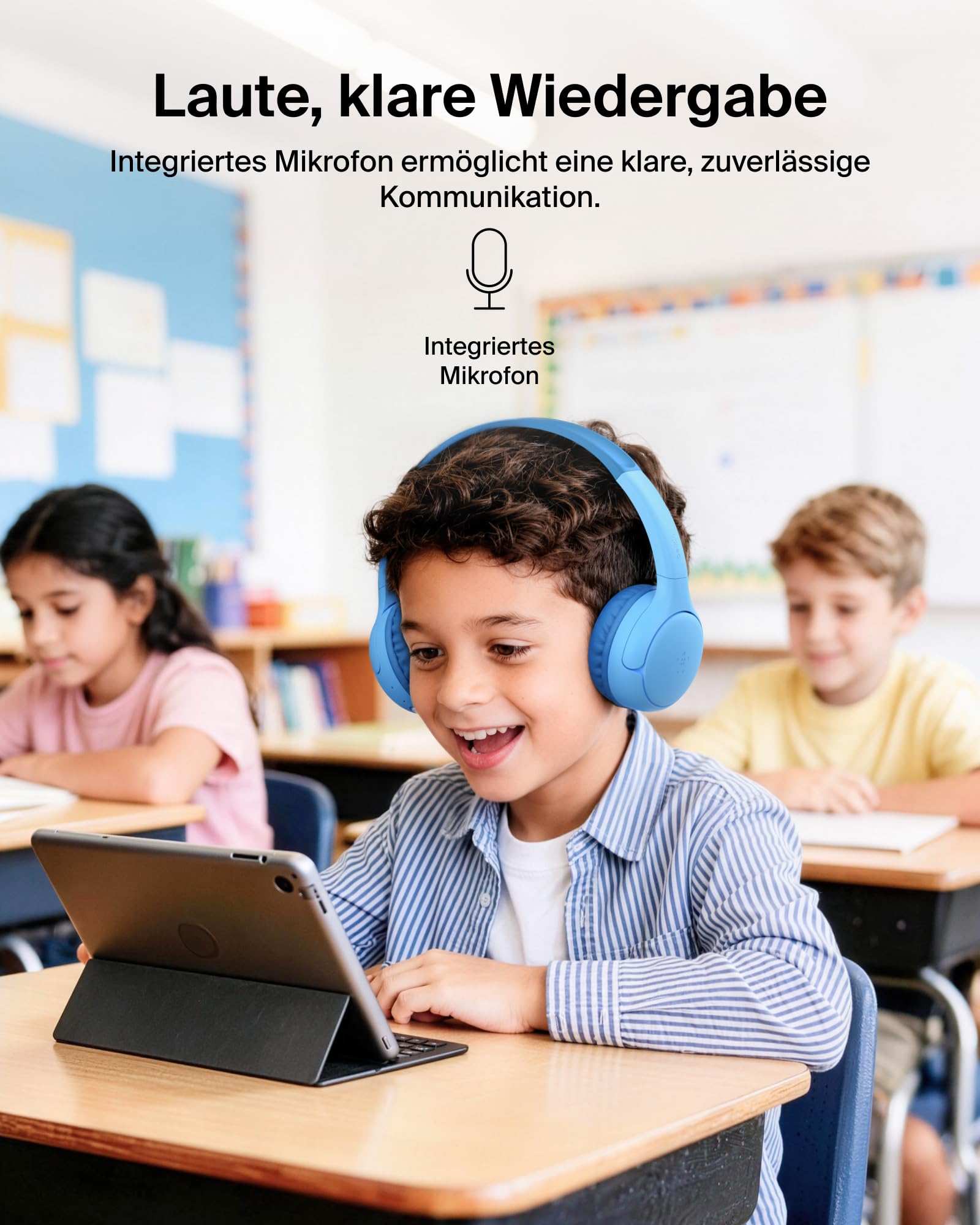 Belkin SoundForm Mini 2 kabelloser On-Ear-Bluetooth-Kopfhörer für Kinder, 55 h Laufzeit, Lautstärkebegrenzung auf 85 dB, mit Mikrofon, Kinder-Kopfhörer mit Schutzhülle für iPhone/iPad/Tablet - Blau