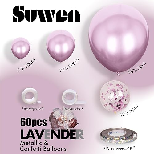 Miniatura 6 de SUWEN Globos metálicos de lavanda y globos de confeti de 1812105 pulgadas, diferentes tamaños, juego de 60 unidades, globos de látex brillante