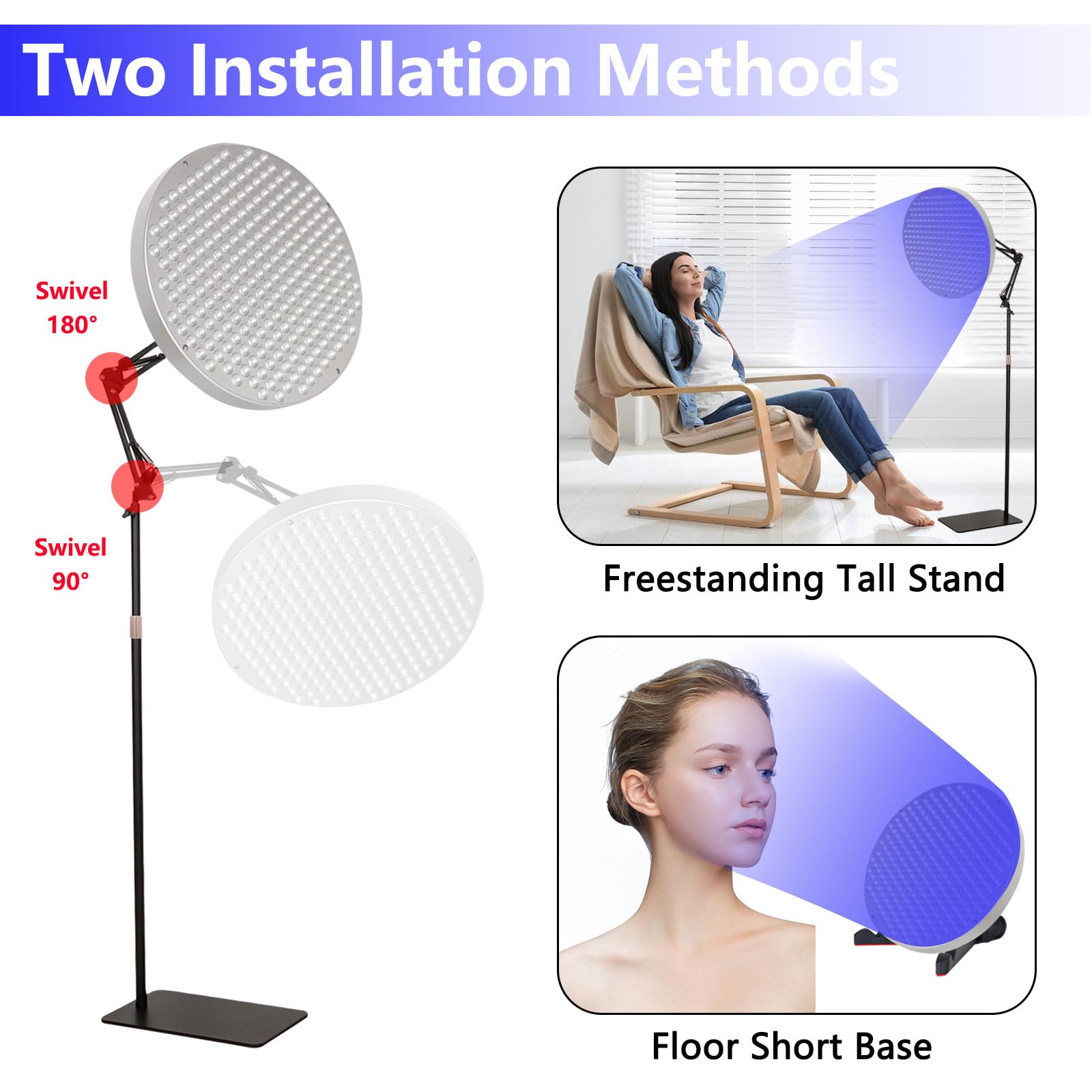 Solarium per la casa con luce blu da 460 nm e 250 LED, lampada abbronzante da 50 W, abbronzante viso portatile con supporto regolabile per viso e corpo, terapia della luce domestica