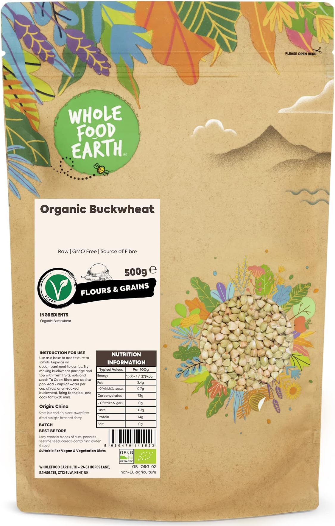 Wholefood Earth Organic Buckwheat – 500g | GMO Free | Vegan | Source of Fibre | Certified Organic