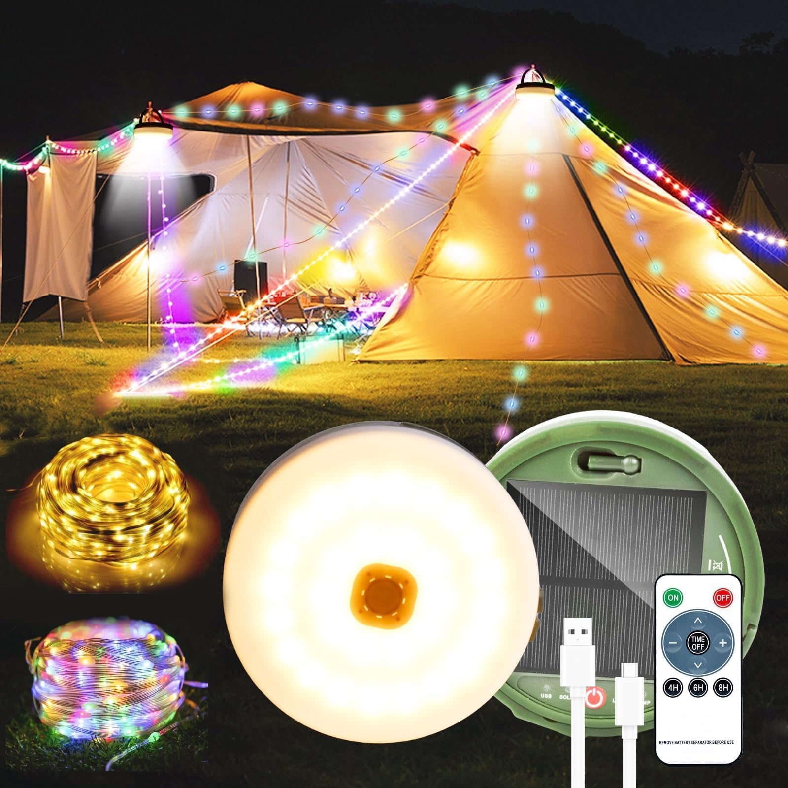 Solar Camping String Lights, 20M Warm White + RGB Outdoor String Lights, 230 LEDs, Outdoor String Lights with 13 Lighting Modes, Solar & USB Charging, Portable Camping Lamp,