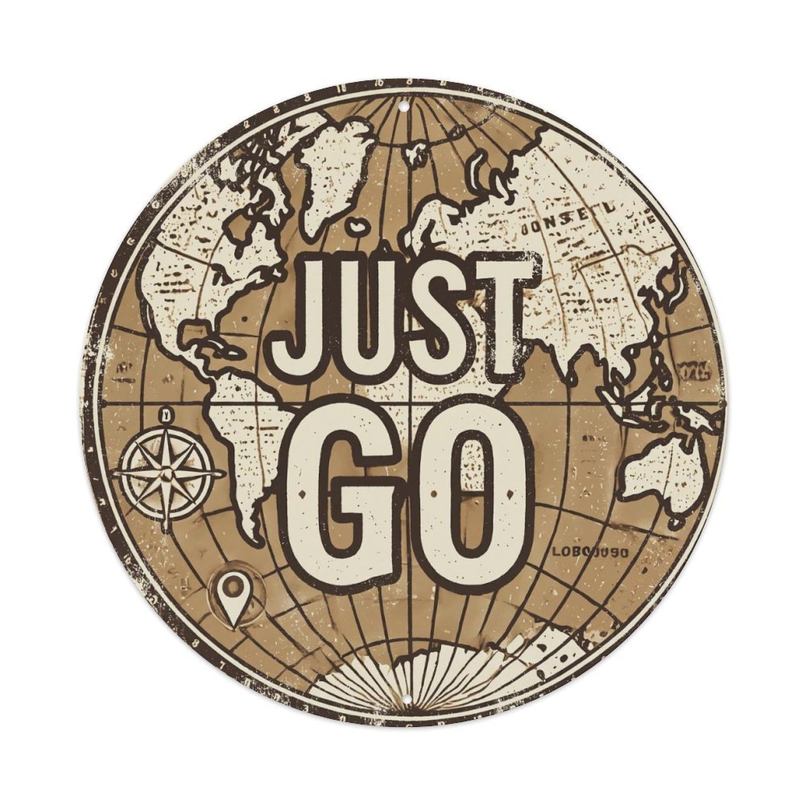Vintage World Map with Compass Just Go Boulevard Metal Tin Sign