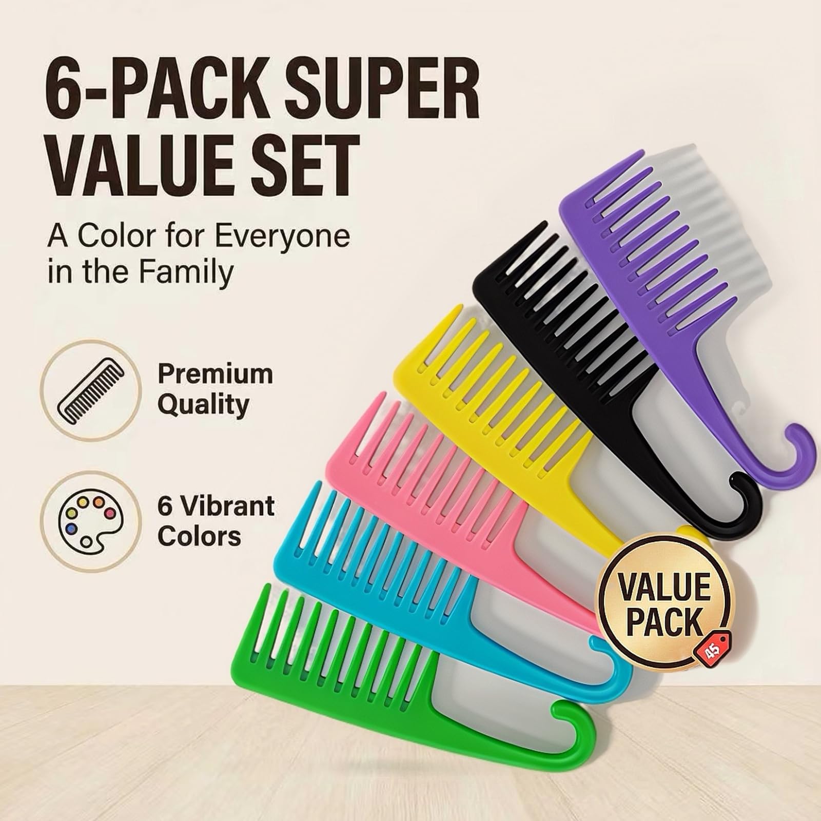 Hipifans Peine grande de dientes anchos para cabello rizado, 6 piezas/juego de desenredar para cabello húmedo, rizado y grueso, herramienta profesional de peinado para cabello largo