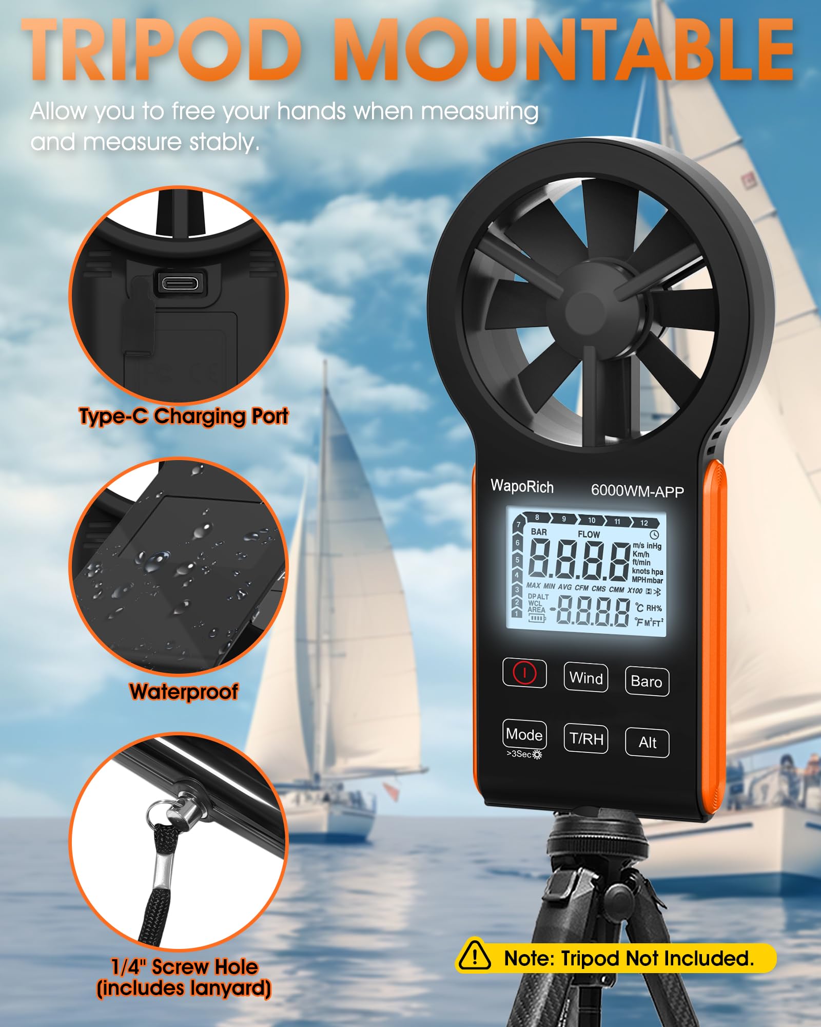 Bluetooth Anemometer, WapoRich 7-in-1 Windmesser Windmessgerät mit Luftdruck/Temperatur/Luftfeuchtigkeit/Taupunkt/Windchill/Höhenmesser App-kompatibel für HVAC, Drohnen, Segeln