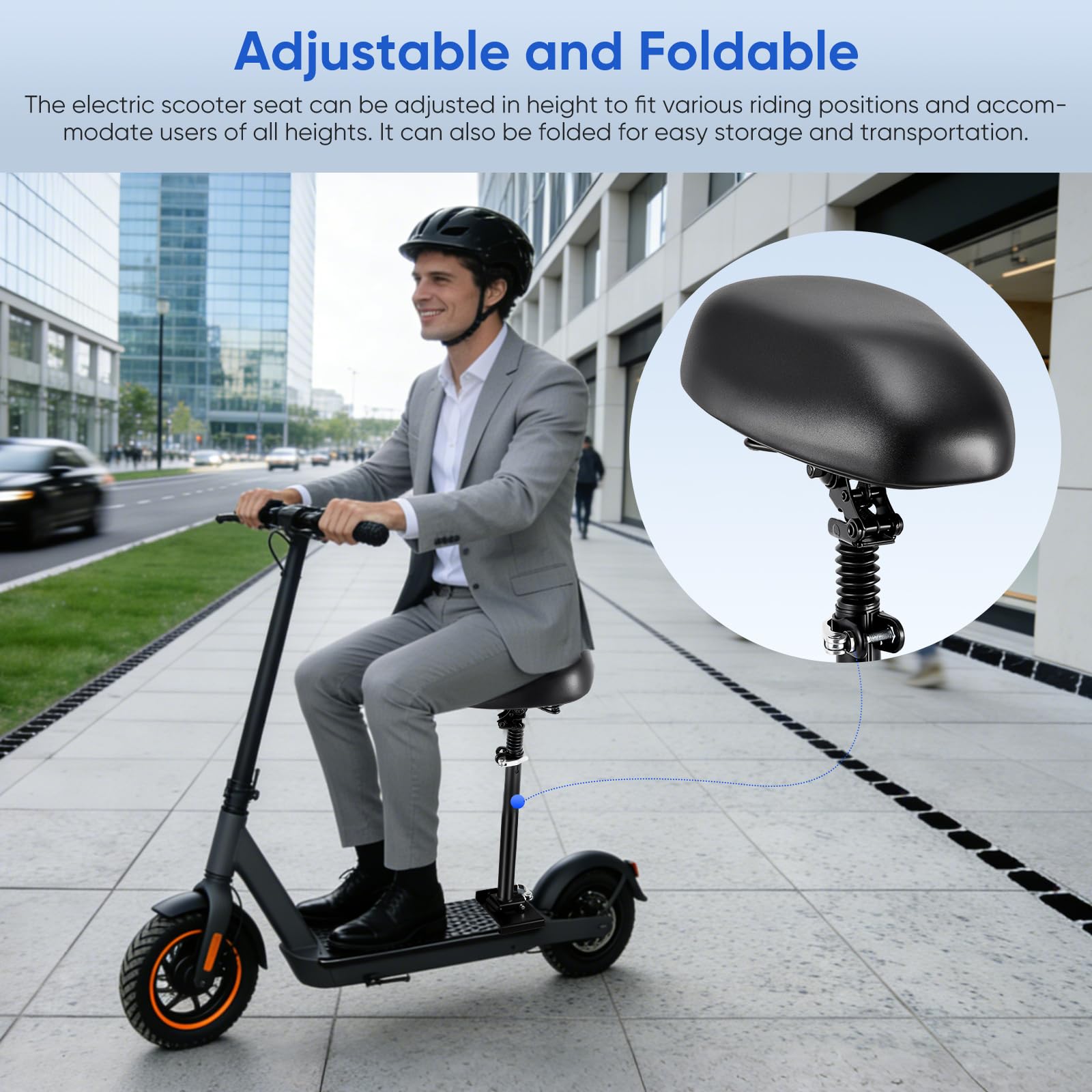 Asiento para patinete eléctrico de 13 cm a 19 cm, asiento de scooter eléctrico para adultos, bordes curvos, tablas de pies de 55 – 68 cm, altura ajustable, plegable, patinete para adultos e accesorios