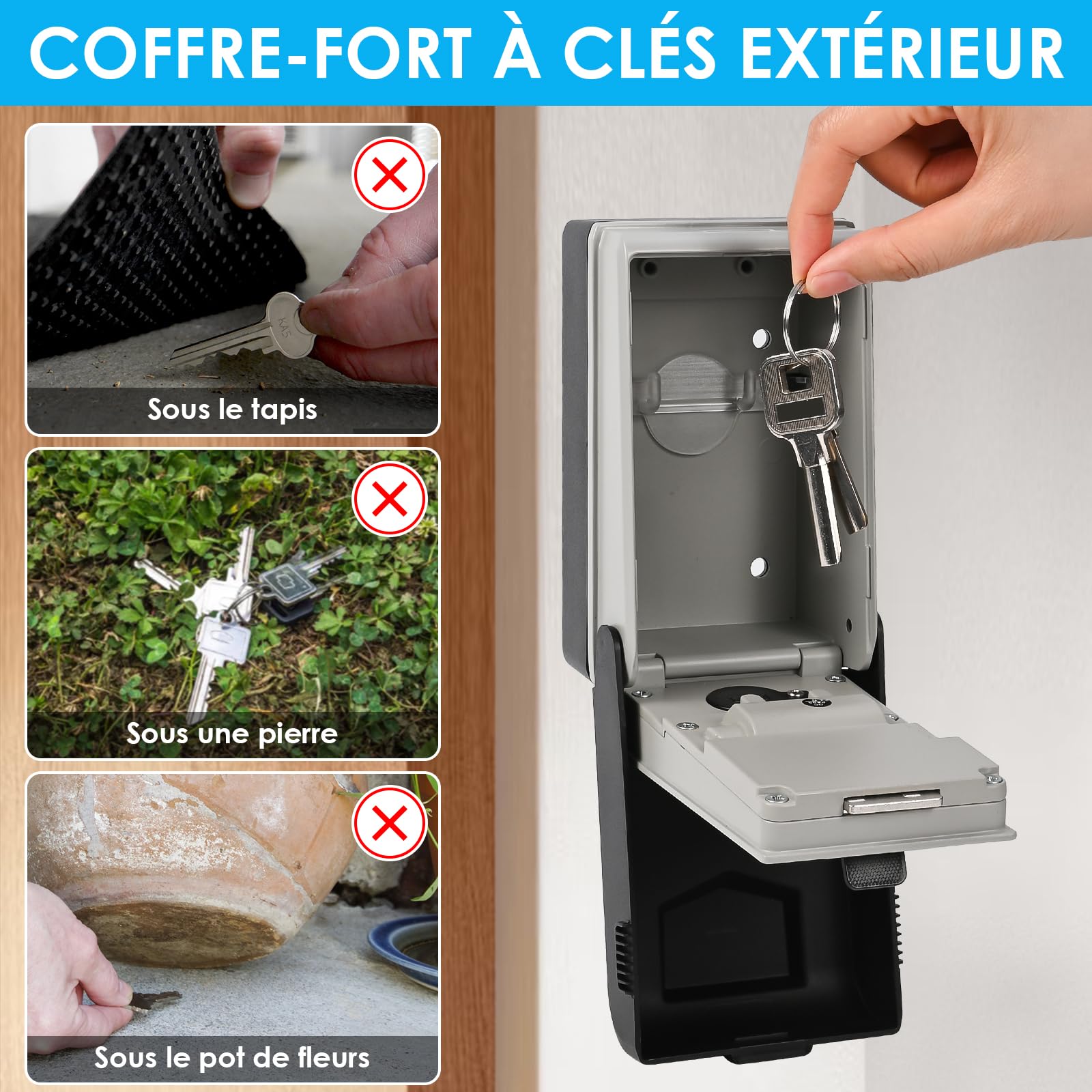Boîte à Clés avec Code & Éclairage – Boite A Clef Murale sécurisée en Alliage d’Aluminium, étanche & résistante aux intempéries – Boite A Clefs Securisee Exterieur pour Maison, Garage & Bureau