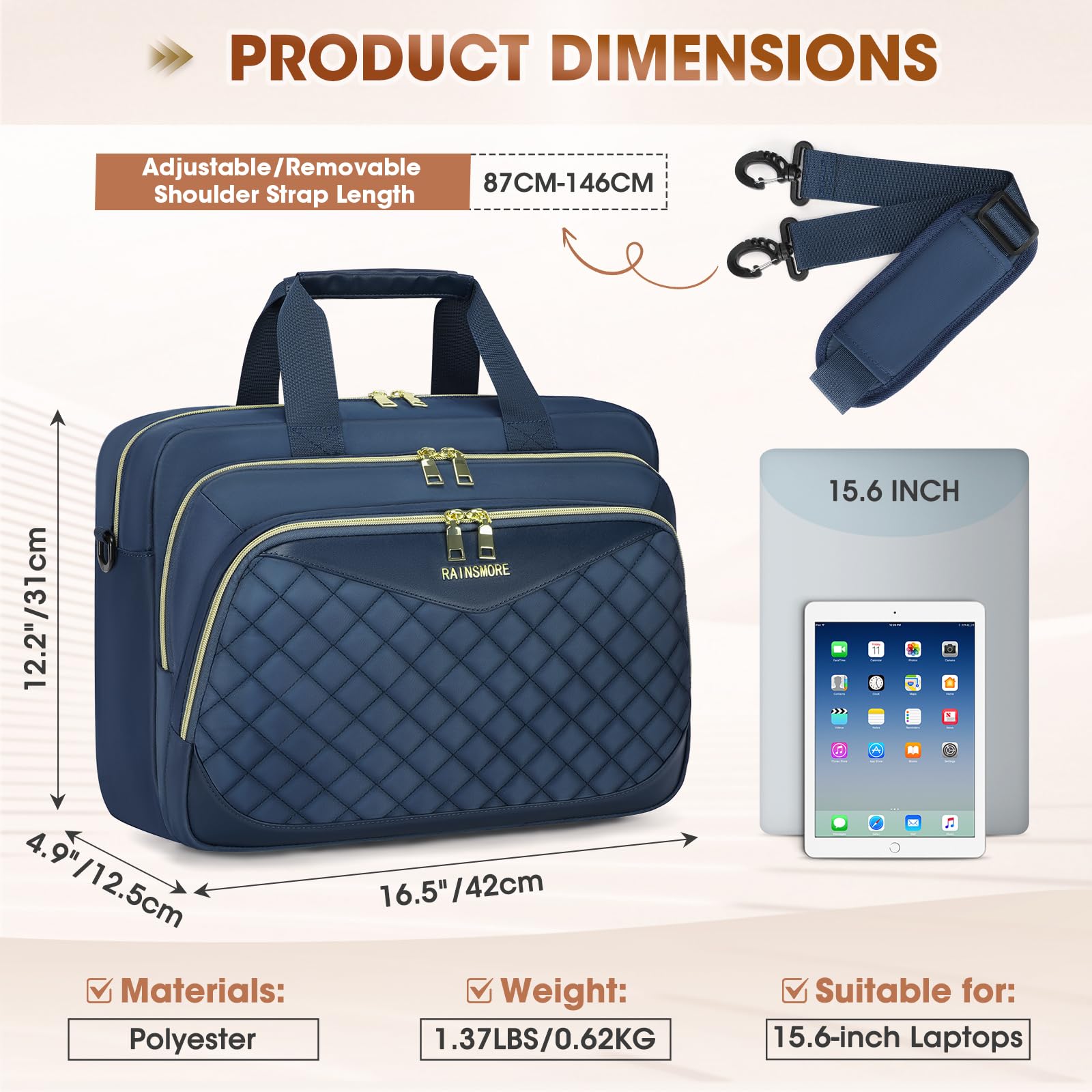 RAINSMORE Maletín grande para laptop de 15.6 pulgadas para mujer, bolsa de trabajo, mensajero