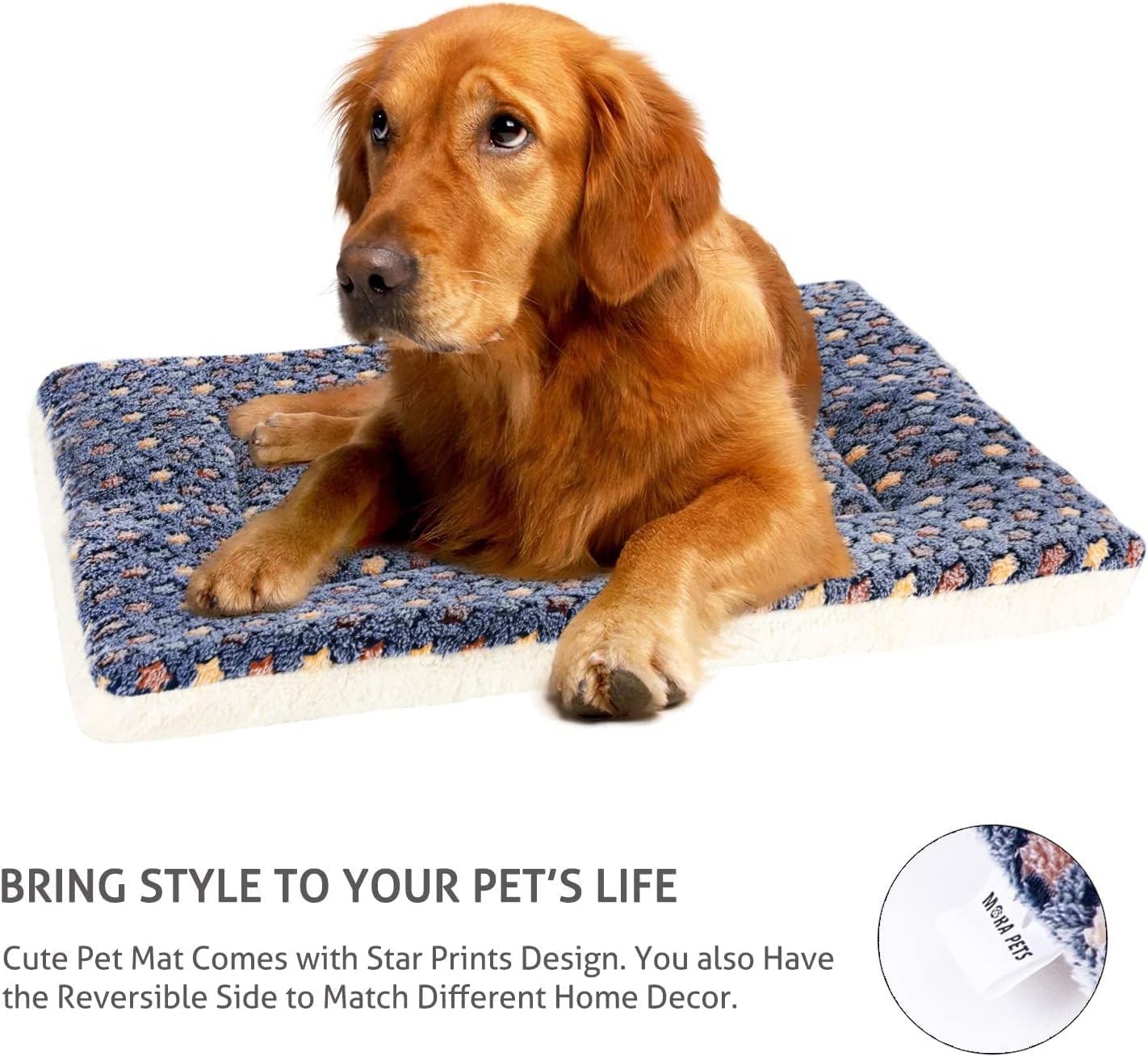 review Mora Pets Dog Bed Crate Pad Ultra Soft Pet Bed with Cute Star Print Washable Crate Mat for Large Medium Small Dogs Reversible Fleece Dog Crate Kennel Mat Cat Bed Liner 41 x 29 inch Dark Blue
