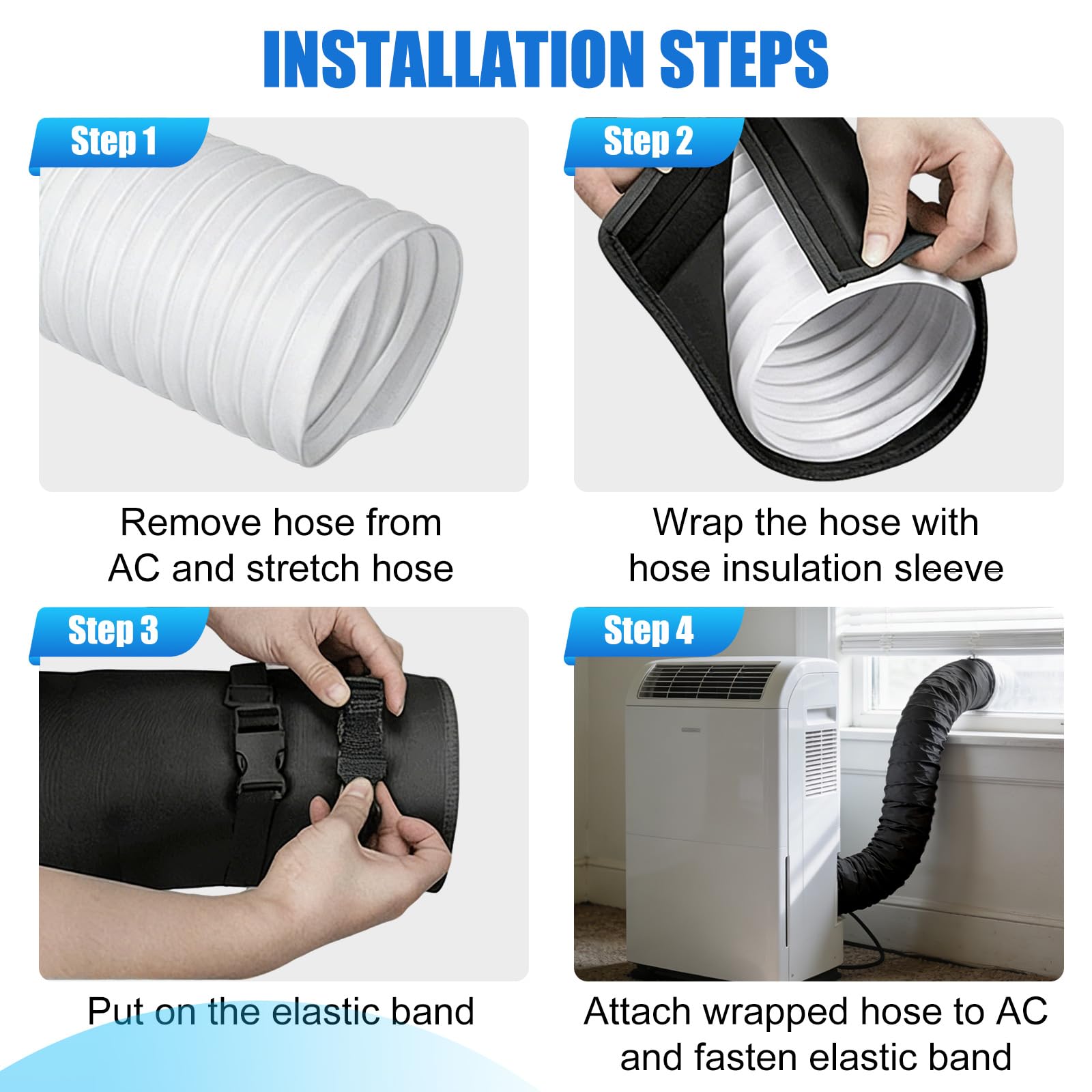 Cubierta Aislante para Manguera de Aire Acondicionado, Funda Aislamiento para Manguera de Aire Acondicionado Portátil para Conducto Escape de 12.7 y 15cm Diámetro, con 3 Correas (1, Negro)