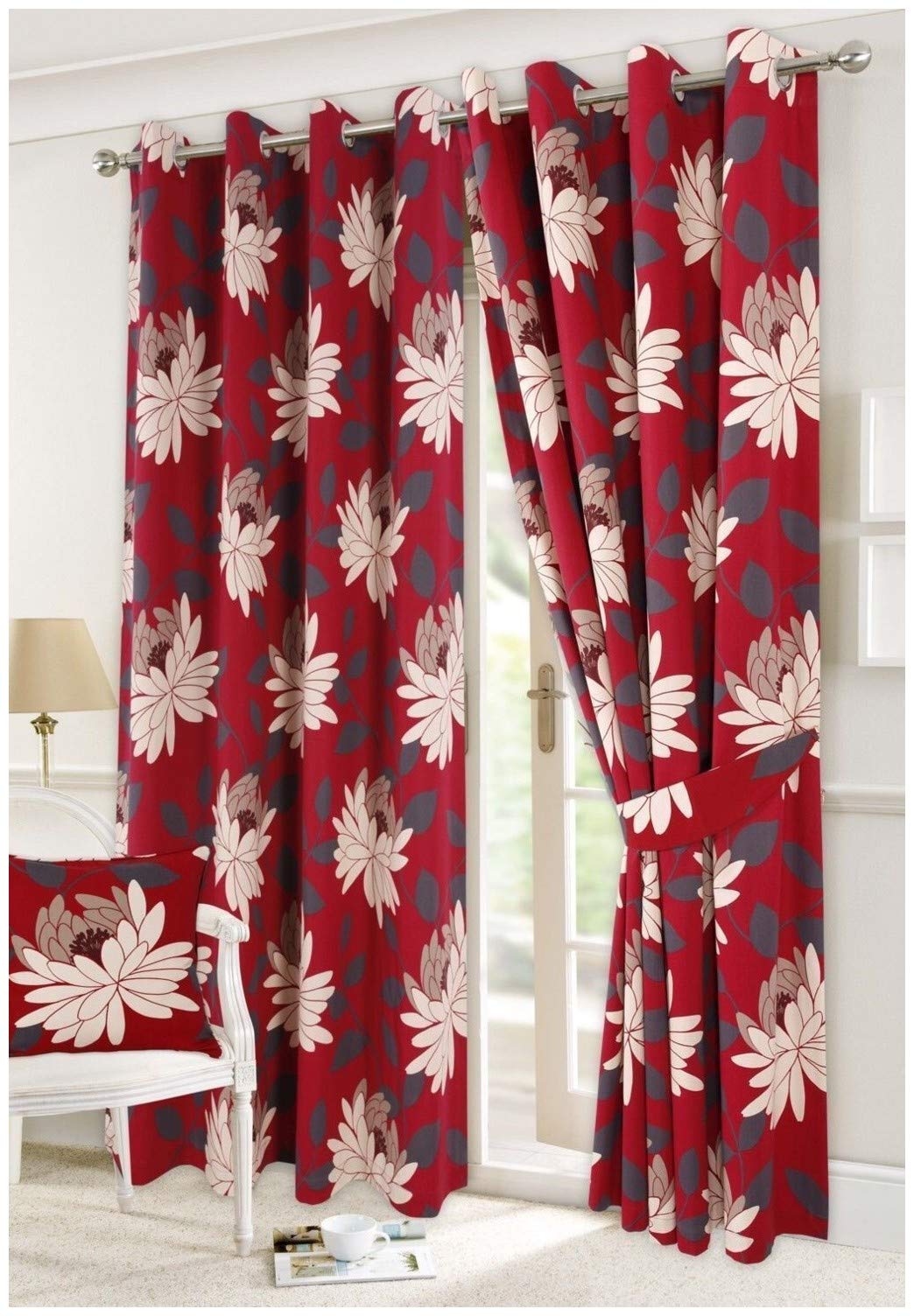 Hendem Tradings® Ring Top Curtains Thick Poly-Cotton Floral Print Eyelet Lined Pair Curtain (Seren Red, 66" x 90")