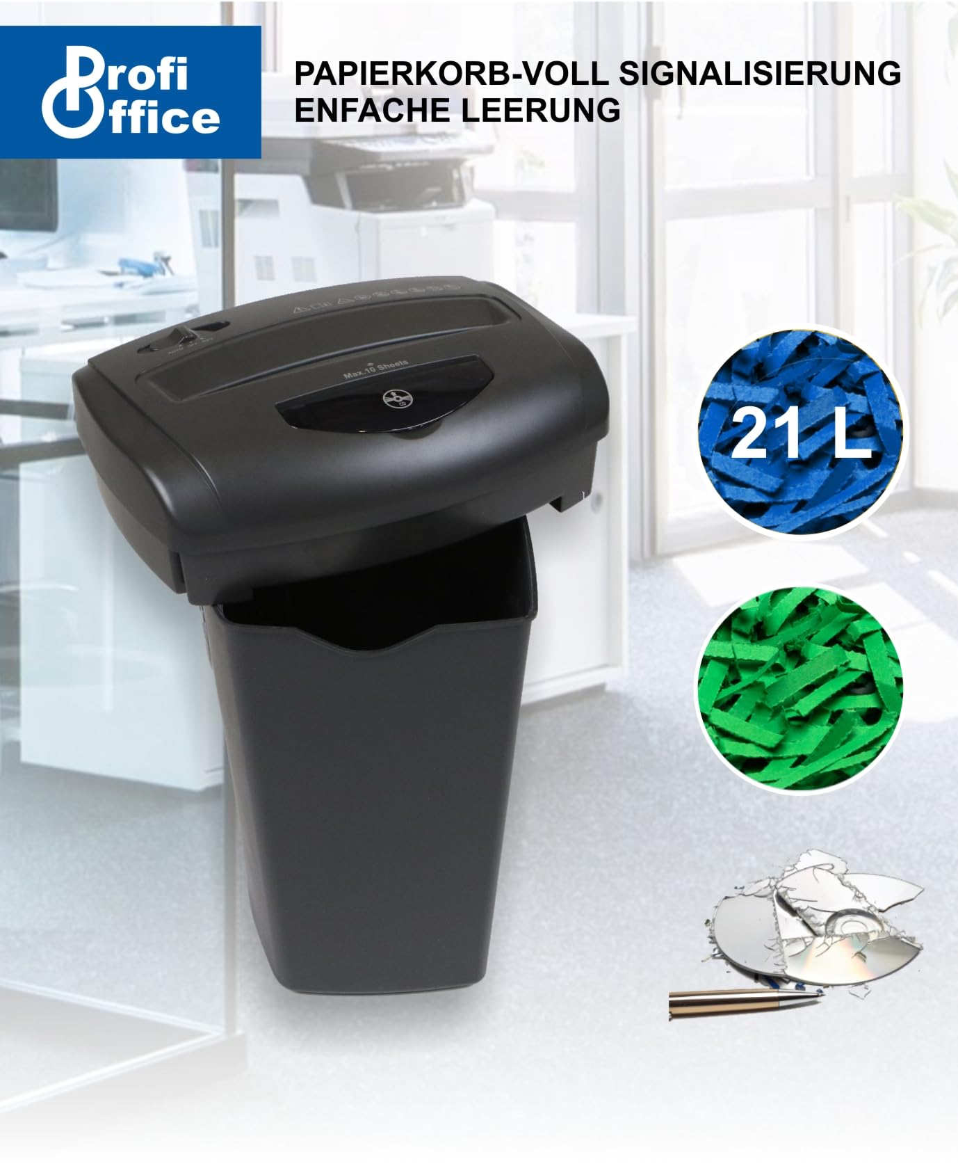 Niszczarka do dokumentów Premium Home Office ProfiOffice Piranha 10CD – cięcie krzyżowe 10 arkuszy jednocześnie, poziom bezpieczeństwa zgodny z P4 RODO, niszczy płyty CD i karty kredytowe w dodatkowym