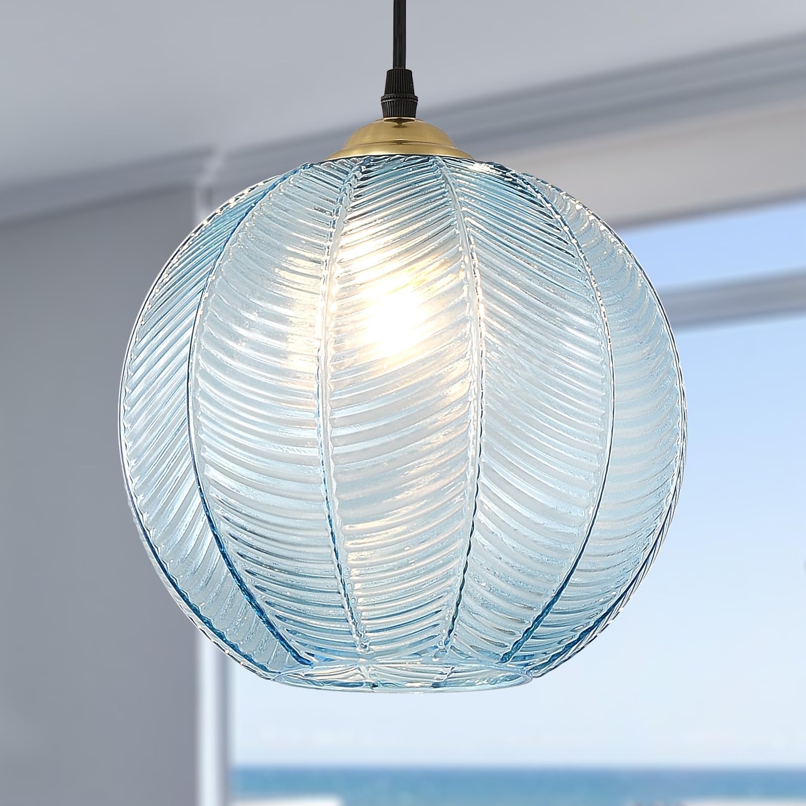 Lámpara colgante de cristal azul, lámpara colgante con pantalla de globo grande de 9.8 pulgadas, lámpara colgante de bola de vidrio soplado a mano para isla de cocina, escalera, comedor, sala