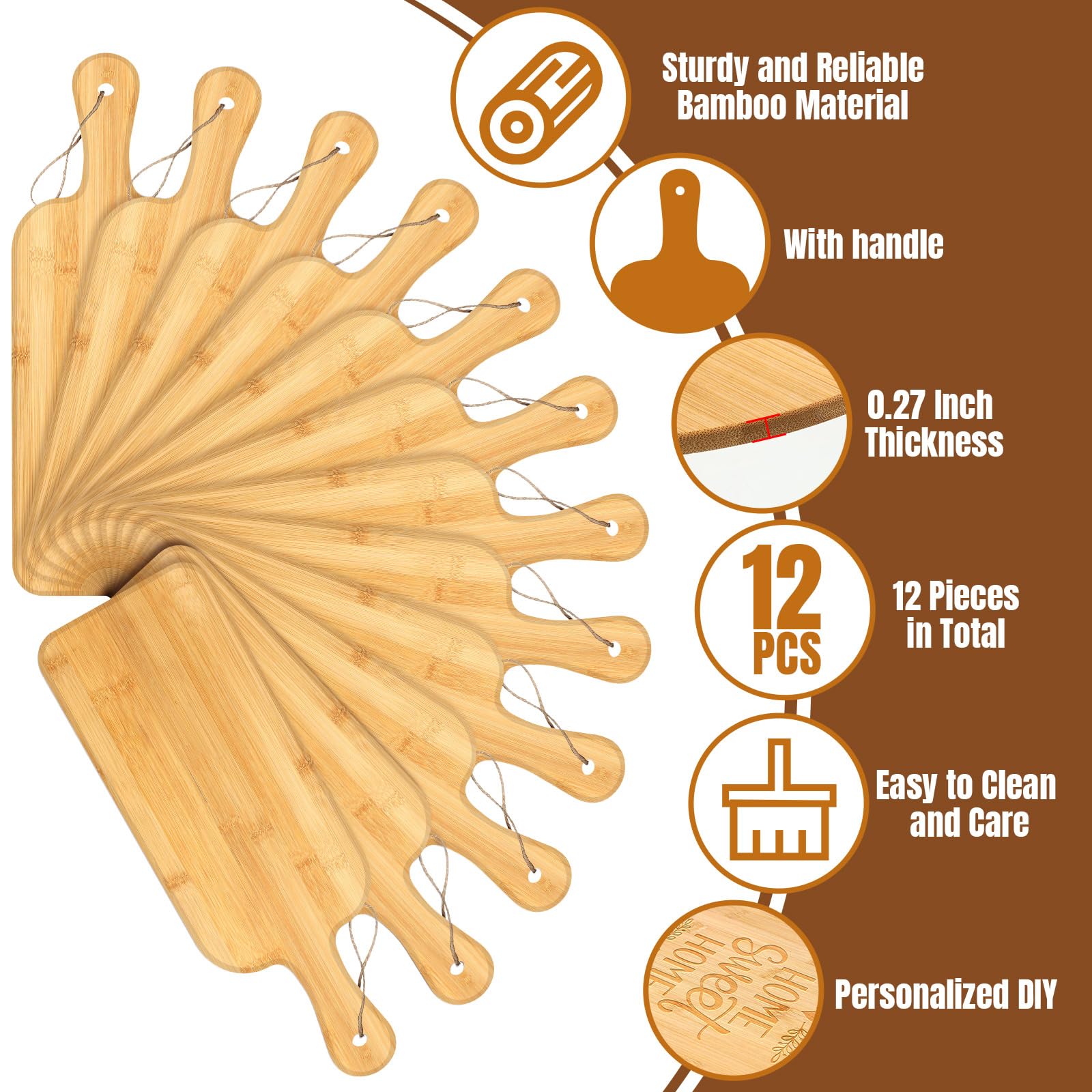 Juego de 12 tablas de cortar lisas con asas, tabla de cortar grande de madera para cocina, tabla de cortar a granel para verduras, carne, pizza, queso, pan de frutas (16 x 5 pulgadas, bambú)