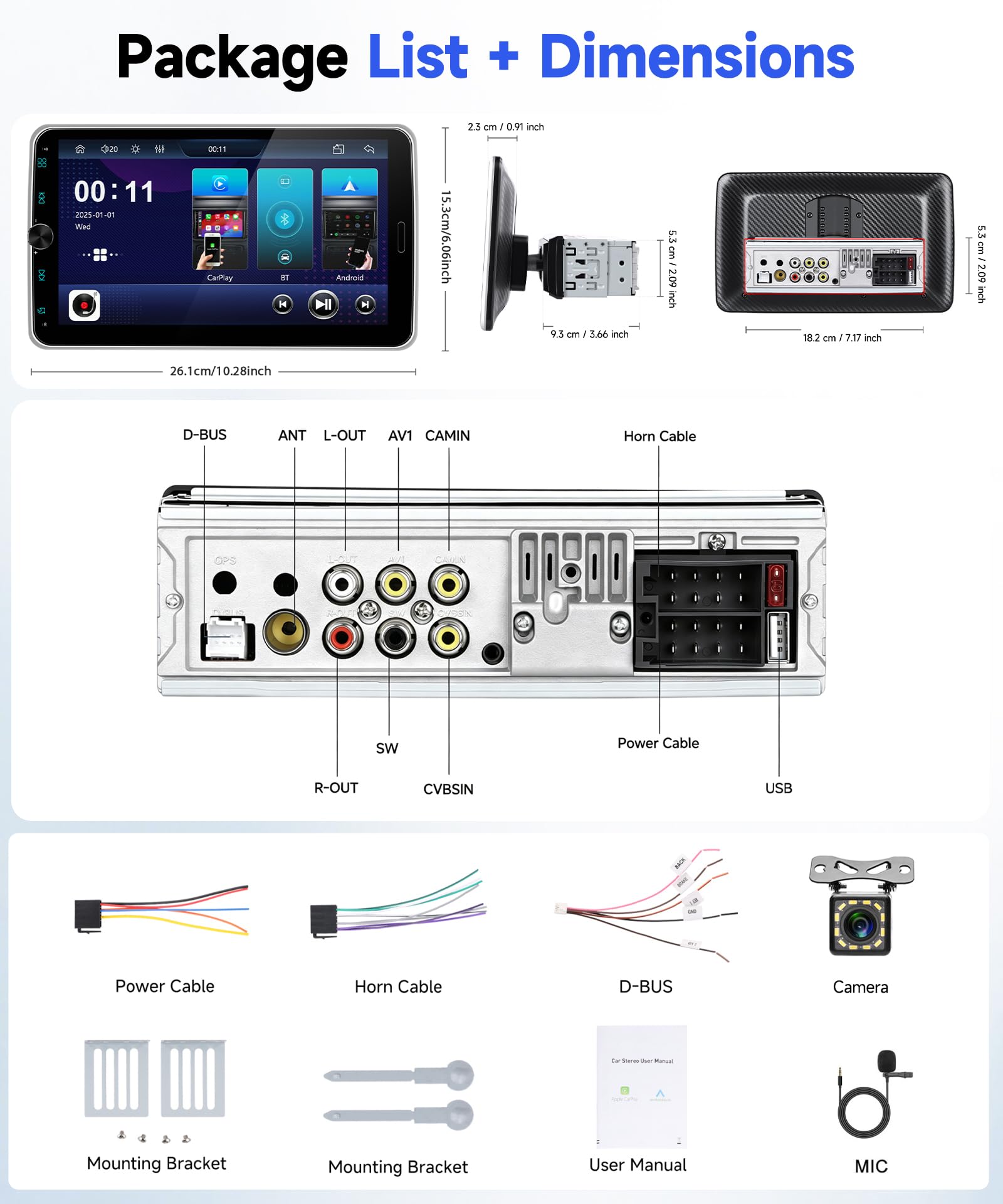 Hodozzy 1 Din RDS Stereo Auto con Schermo Rimovibile e Girevole IPS da 10,1" con USB Tipo C, Wireless CarPlay e Android Auto Autoradio con Bluetooth 5.2/EQ/SWC + Telecamera Posteriore