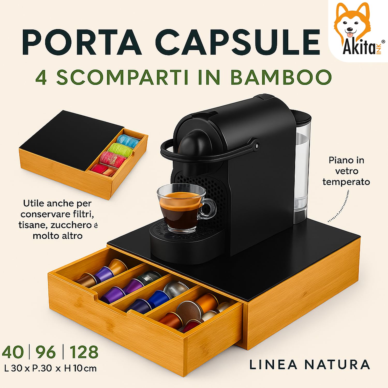 AKITAInk Porta Cialde in Bambù con Cassetto e Ripiano in Vetro - Organizer per Capsule, Cialde e Tisane - Porta Capsule Caffè, Bustine Tè e Zucchero - Perfetto per Angolo Caffè Casa e Ufficio