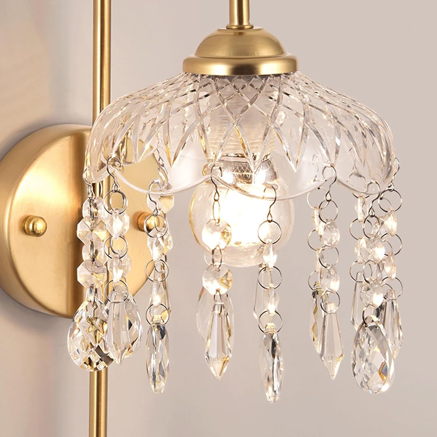 Modern Luxury Wall Sconce Brass Tone Metal & Carved Acrylic Shade Crystal Droplets Embellished Hardwired Wall Lamp for Bedroom Living Room Hallway Entryway Decor Glamorous Ambient Lighting