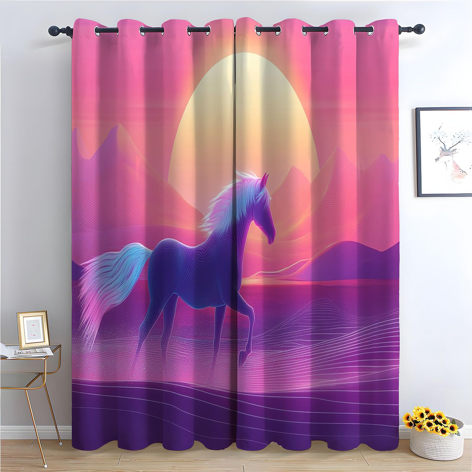 TERUEA Curtains for Spring Scenery Retro horse desert pink gradient mountain sunset Textured Farmhouse Curtains Leaf Printed Rustic Drapes Window Treatment-42 W x 63" L (Pack of 2)