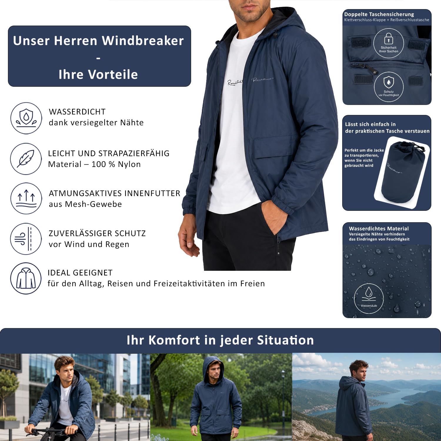 Reichstadt Chaqueta Impermeable Hombre Cortaviento Capucha Ligera Plegable | 100% impermeable, tejido transpirable, ligera, bolsa incluida, exterior, ciclismo, viajes, deporte, paseo y uso diario