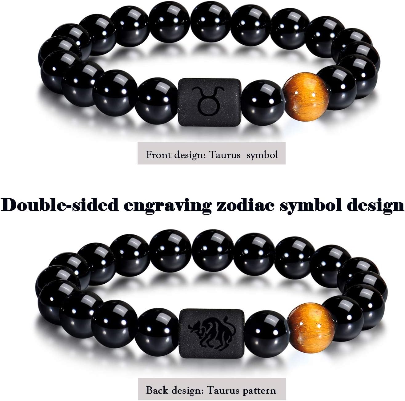 VLINRAS Zodiac Bracelet for Men Women, 8mm 10mm Natural Black Onyx Stone Star Sign Constellation Horoscope Bracelet Gifts - Image 2