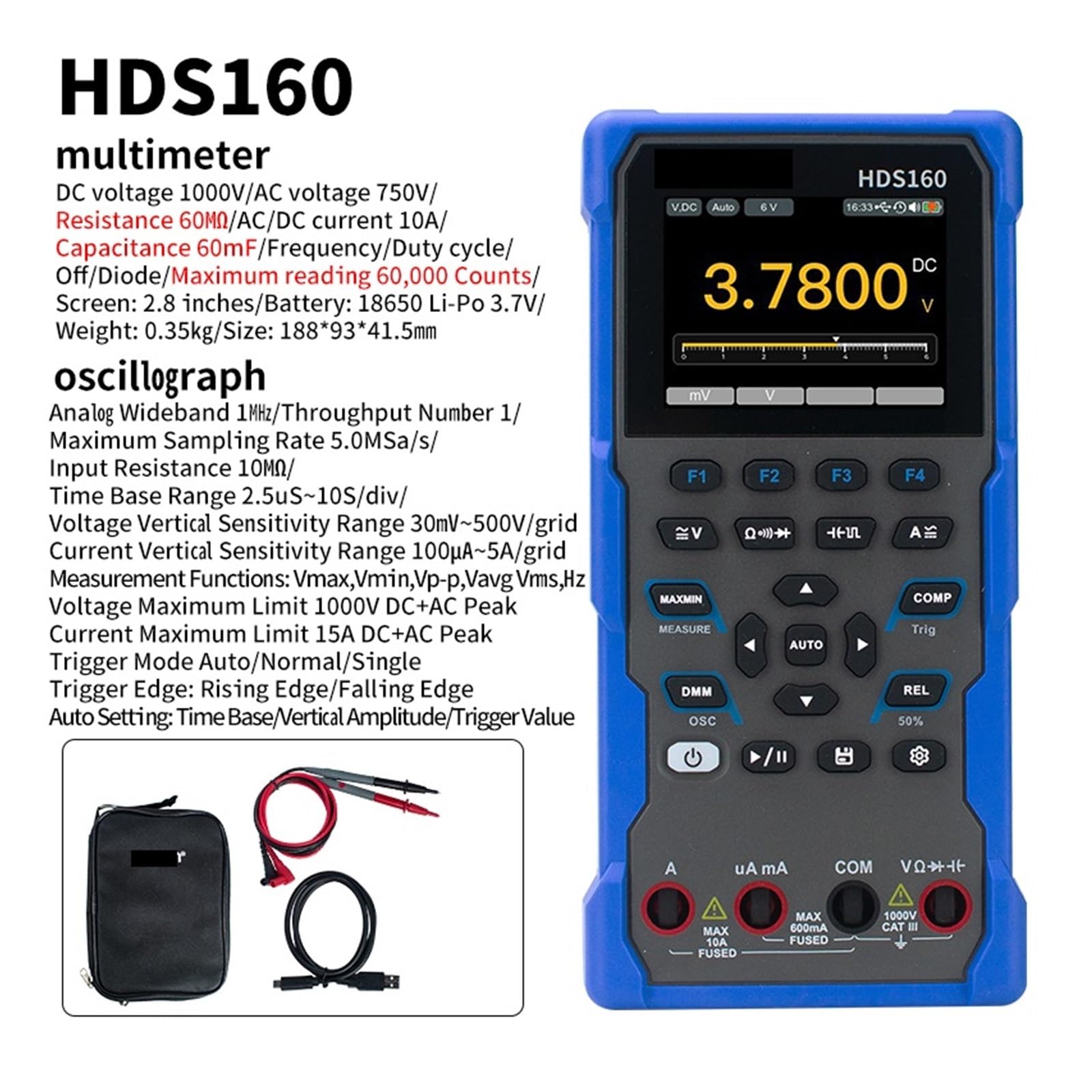 Oscilloscopi, Oscilloscopio digitale 2 in 1 HDS160, multimetro a vero valore efficace a 4 1/2 cifre 20.000 conteggi(HDS160)