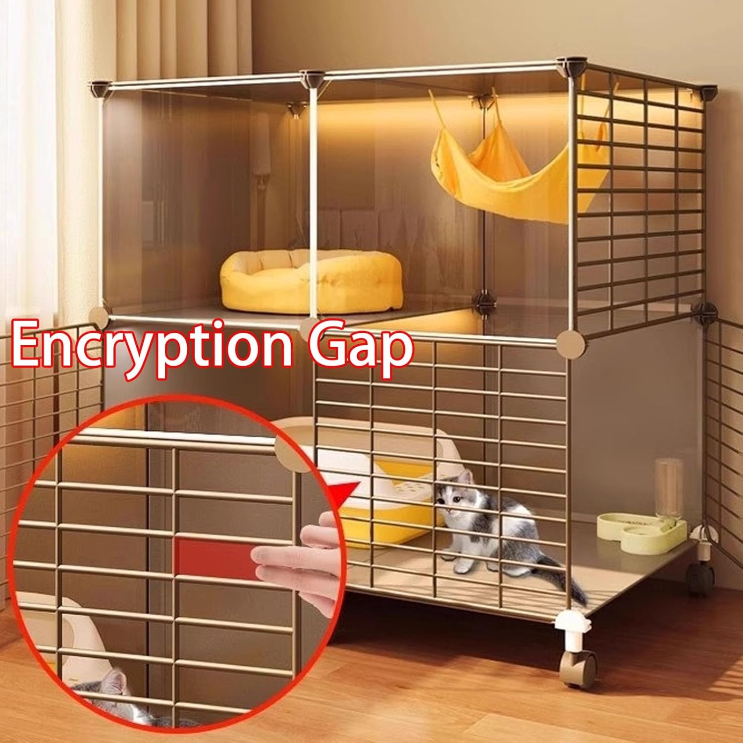 Cat Cage, Indoor Large Tier with Wheels, HD Clear Fence and Sturdy Metal Grid, Mobile Cats Playpen, Free Space Cats House for Cottage
