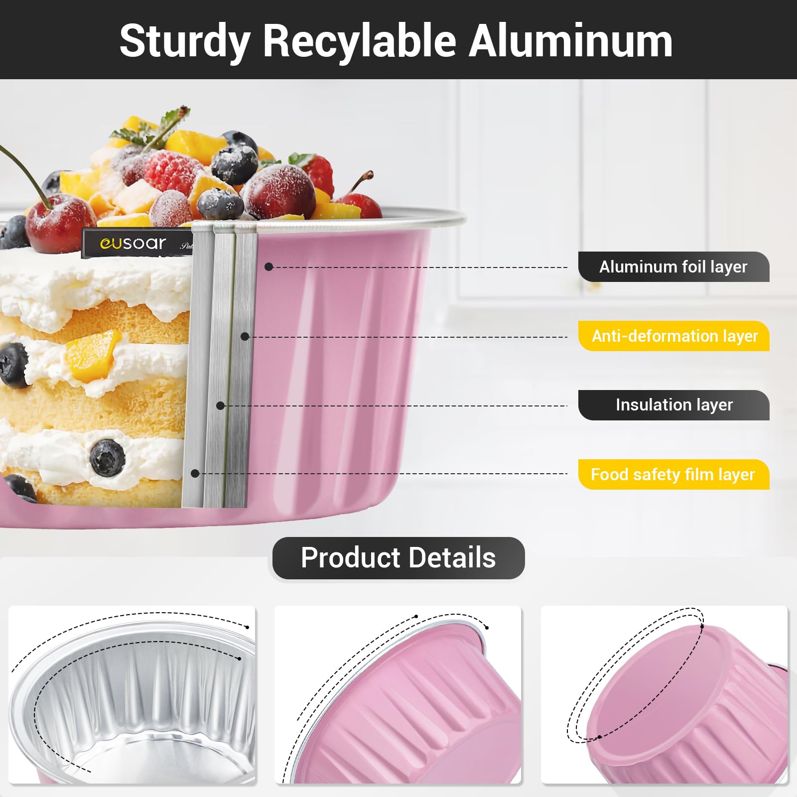 Eusoar Lot de 100 ramequins jetables 125 ml avec couvercles, ramequins à crème brulee, en aluminium pour gâteaux, moules à gâteaux, moules à pâtisserie 125 ml, rose.
