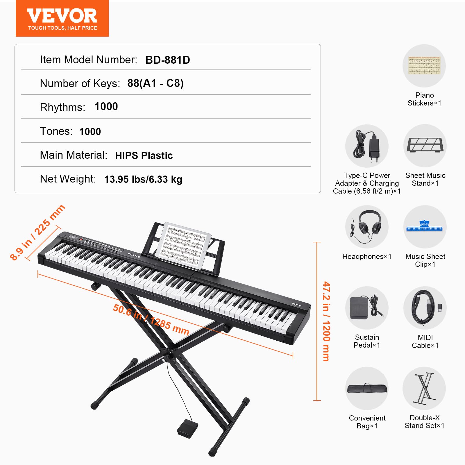 VEVOR Digitales Klavier mit 88 Tasten, halbgewichtete Tasten, Klavierset mit verstellbarem Ständer, integrierten Lautsprechern, Sustain-Pedal, Kopfhörern, Bluetooth, MIDI, USB für Anfänger