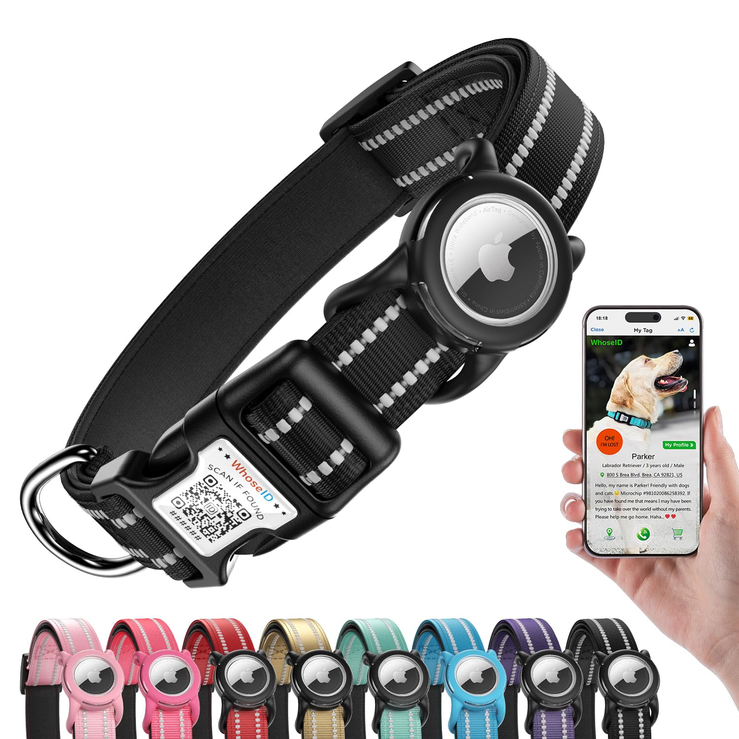 WhoseID Reflective Dog Collar with AirTag Holder, Waterproof Dog Collar with QR Code, Heavy Duty Adjustable Pet Collar for Small Medium Large Dogs,