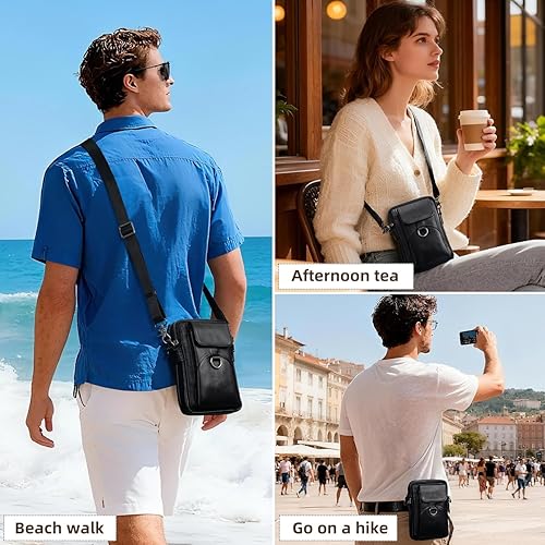 Miniatura 6 de Augus Bolso bandolera pequeño de cuero genuino para teléfono celular, bolso de hombro para uso diario para mujeres y hombres