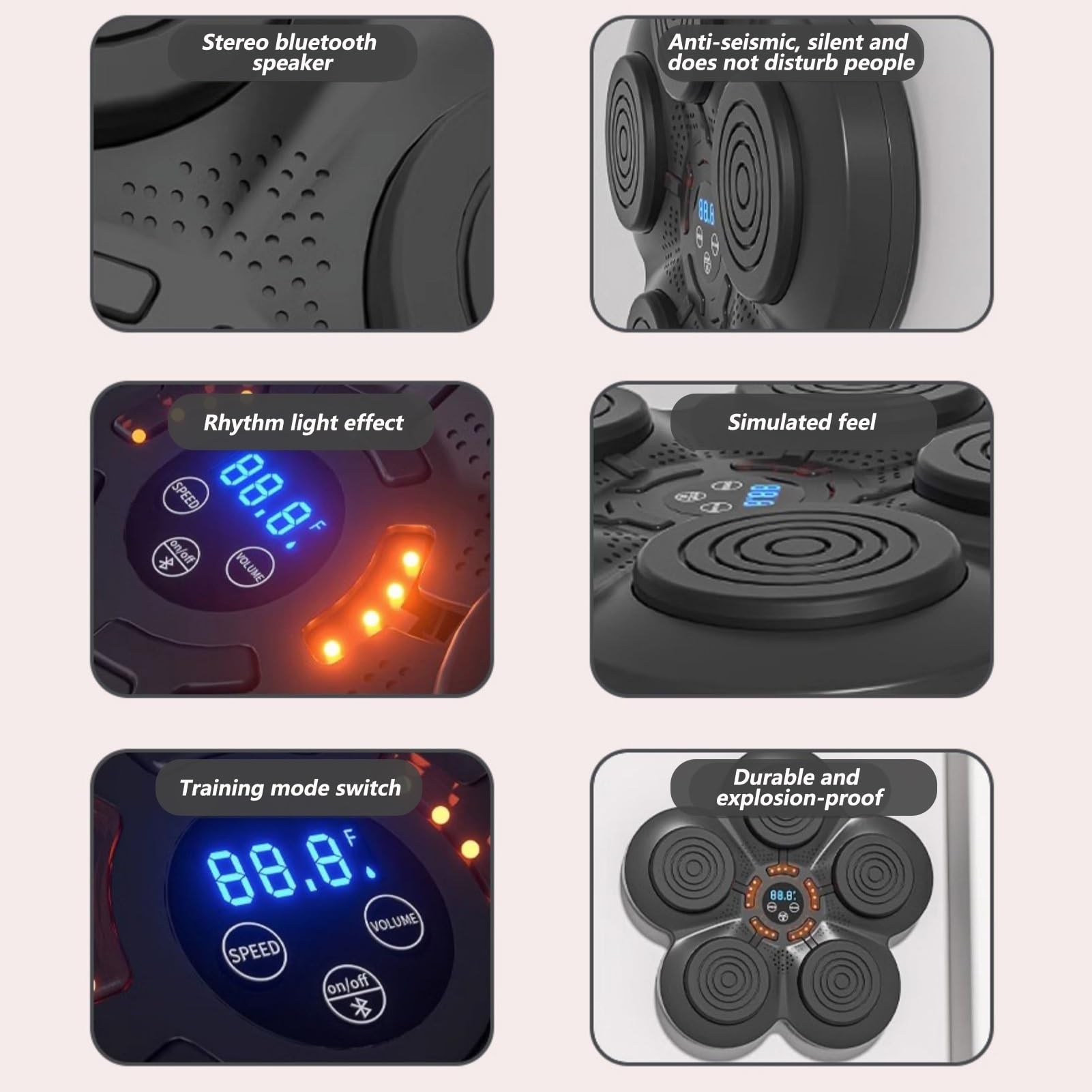 YUGXTH Macchina da boxe musicale intelligente, punzonatrice per musica elettronica con LED Bluetooth, cuscinetti per boxe musicali per montaggio a parete per la casa, per camera da letto, studio, pal