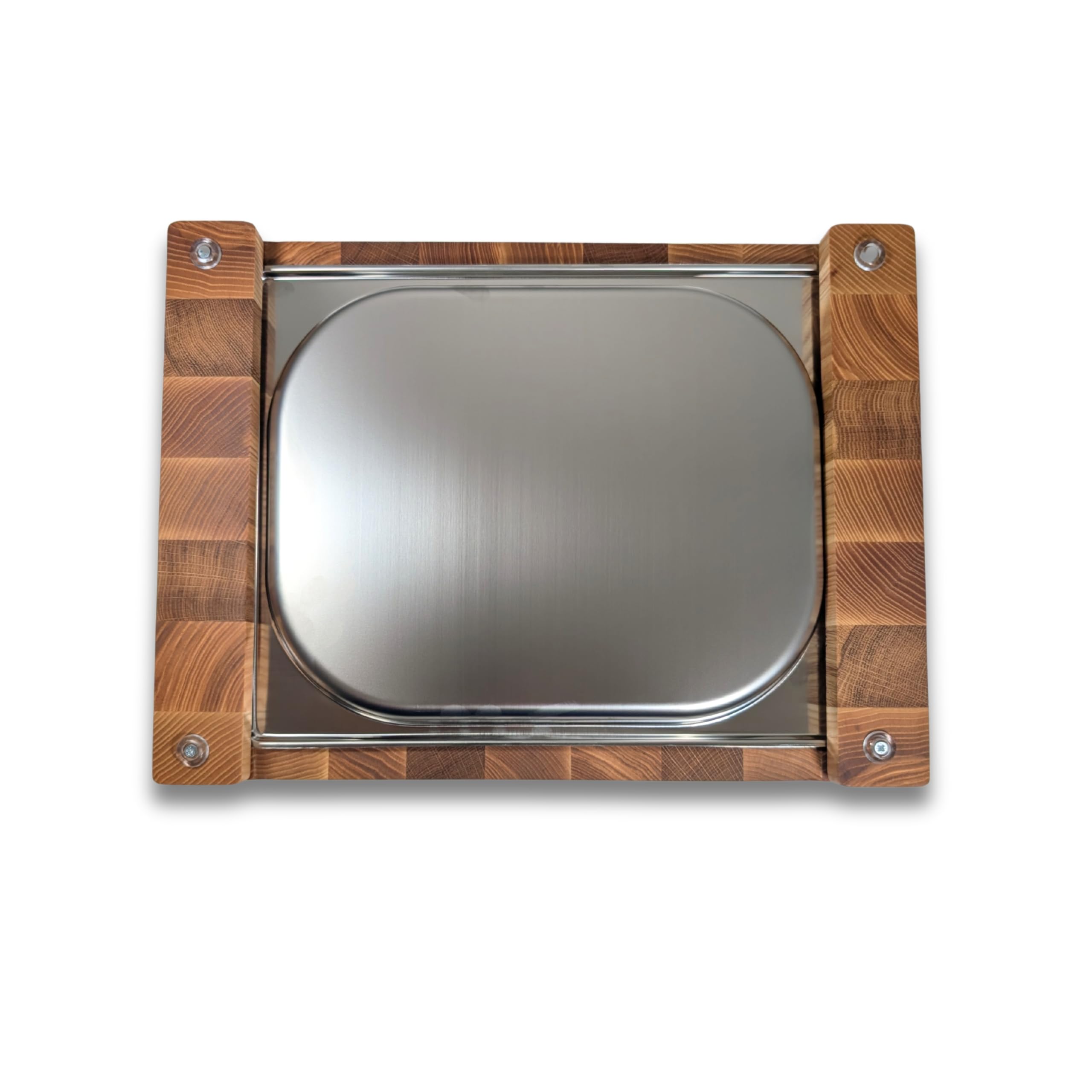 Premium Stirnholz Schneidebrett Eiche & Esche 40×30×5,5 cm – mit Edelstahlschublade 1,3 L – Küchenbrett rutschfest & massiv