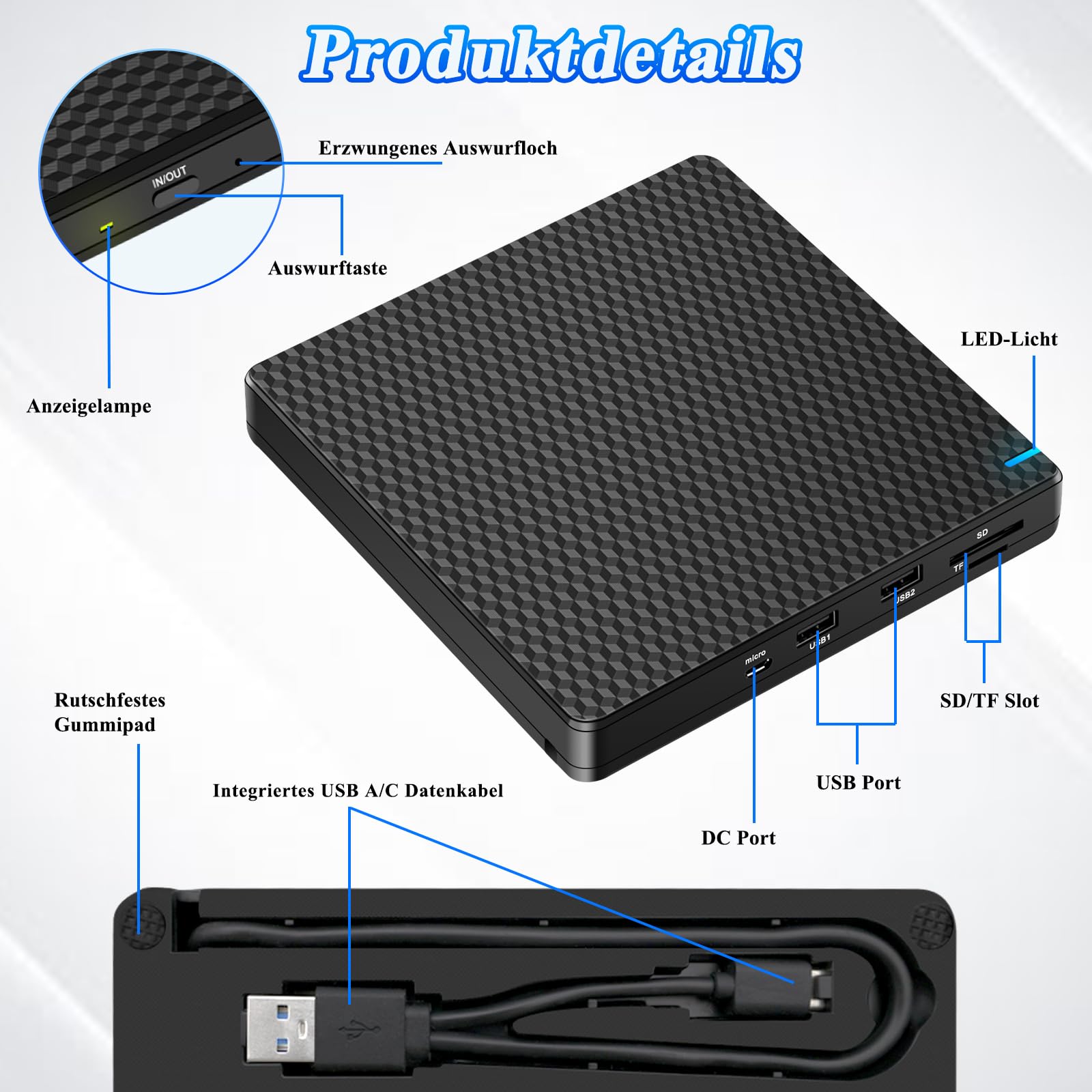 Externes Blu Ray Laufwerk: Slim Bluray Brenner Extern USB C für Laptop Mac MacBook mit SD/TF Slot USB Ports Tragbar Bluray Laufwerk Extern CD/DVD/BD Player für PC Windows 11 Schwarz
