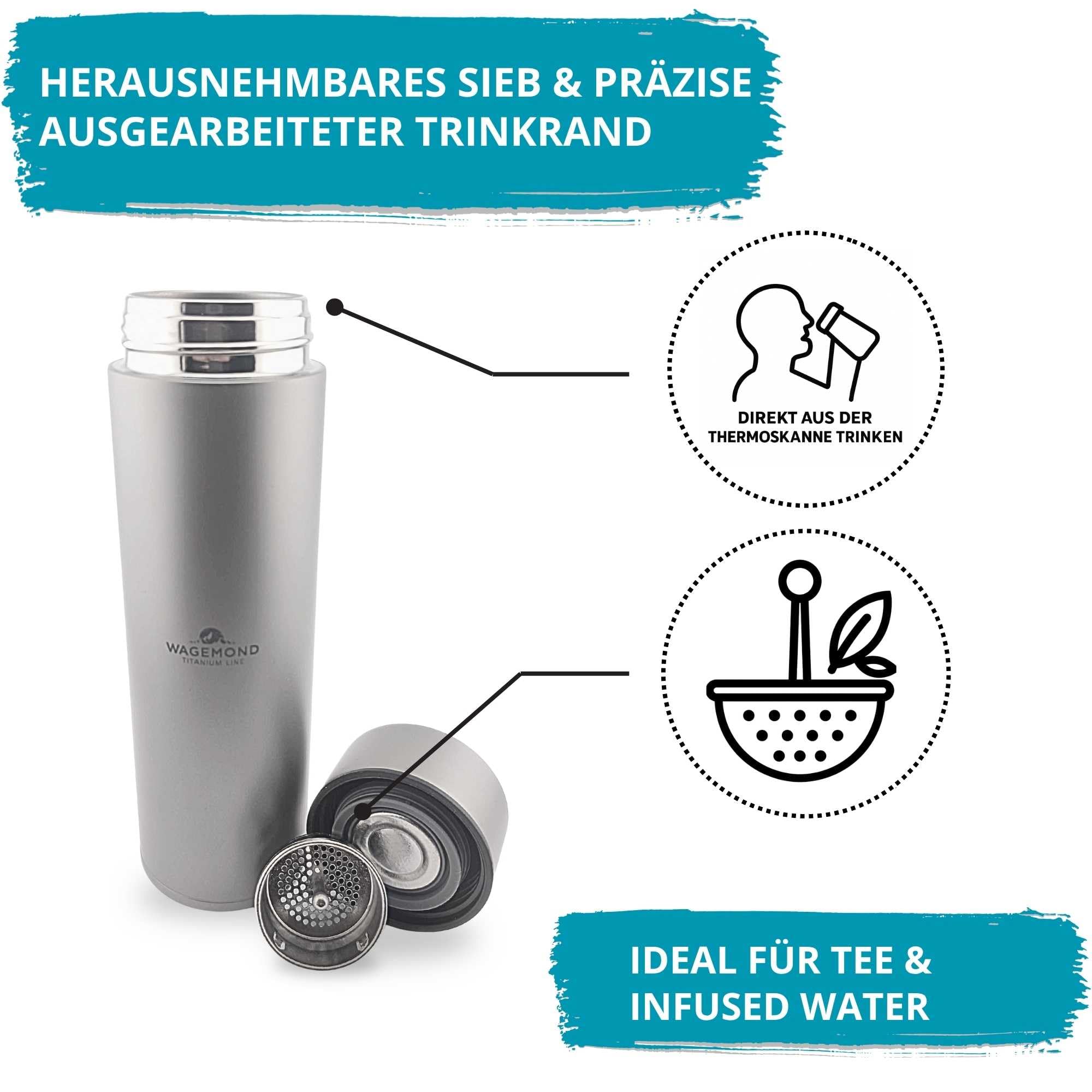 Titan Thermosflasche 450 ml – ultraleicht & doppelwandig isoliert | 100% Titan, geschmacksneutral & BPA-frei | inkl. Teesieb & Naturbürste | für Alltag, Reisen & Outdoor