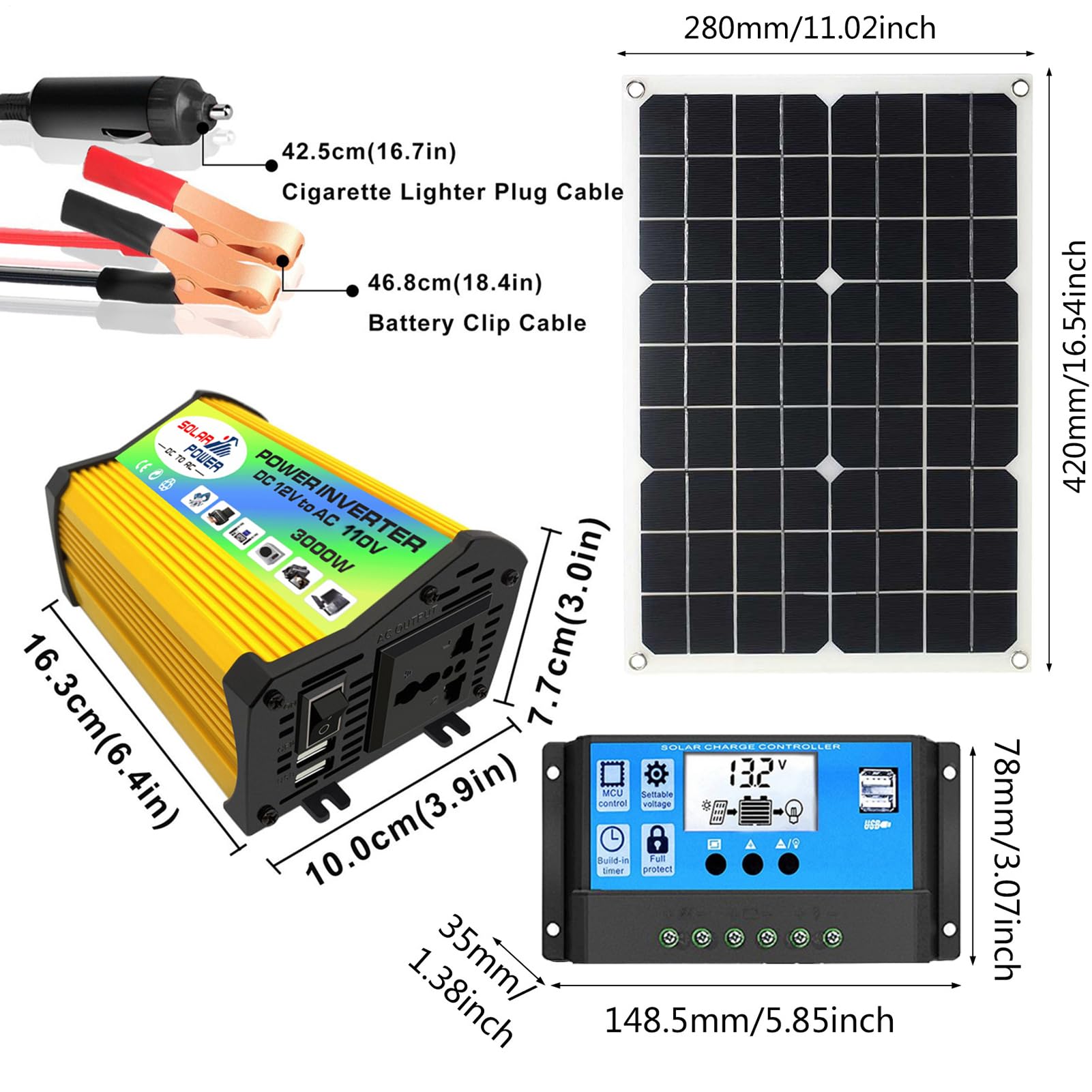 Kit de solar | de panel solar | Configuración solar para el hogar | Controlador de panel solar e inversor, kit de inversor solar de 3000 W, puertos USB, inversor solar con controlador