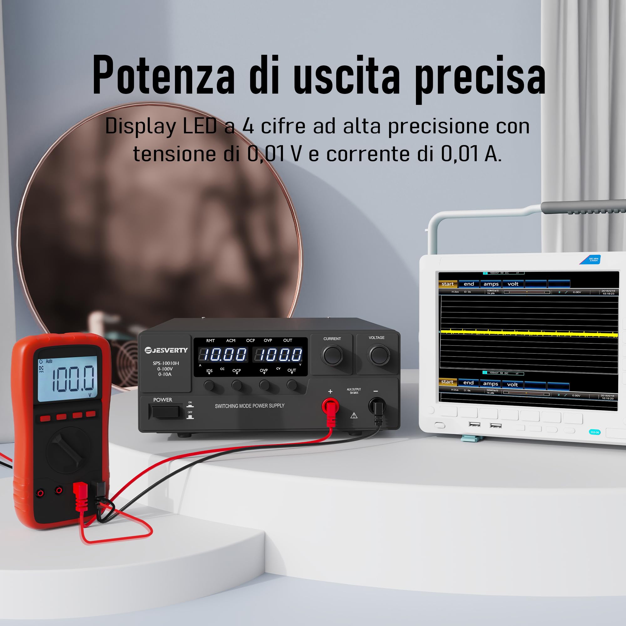 Alimentatore CC variabile, 0-100V 0-10A Alimentatore da banco CC regolato a commutazione con manopola encoder, interruttore di accensione/spegnimento dell'uscita, display a LED a 4 cifre, OVP e OCP