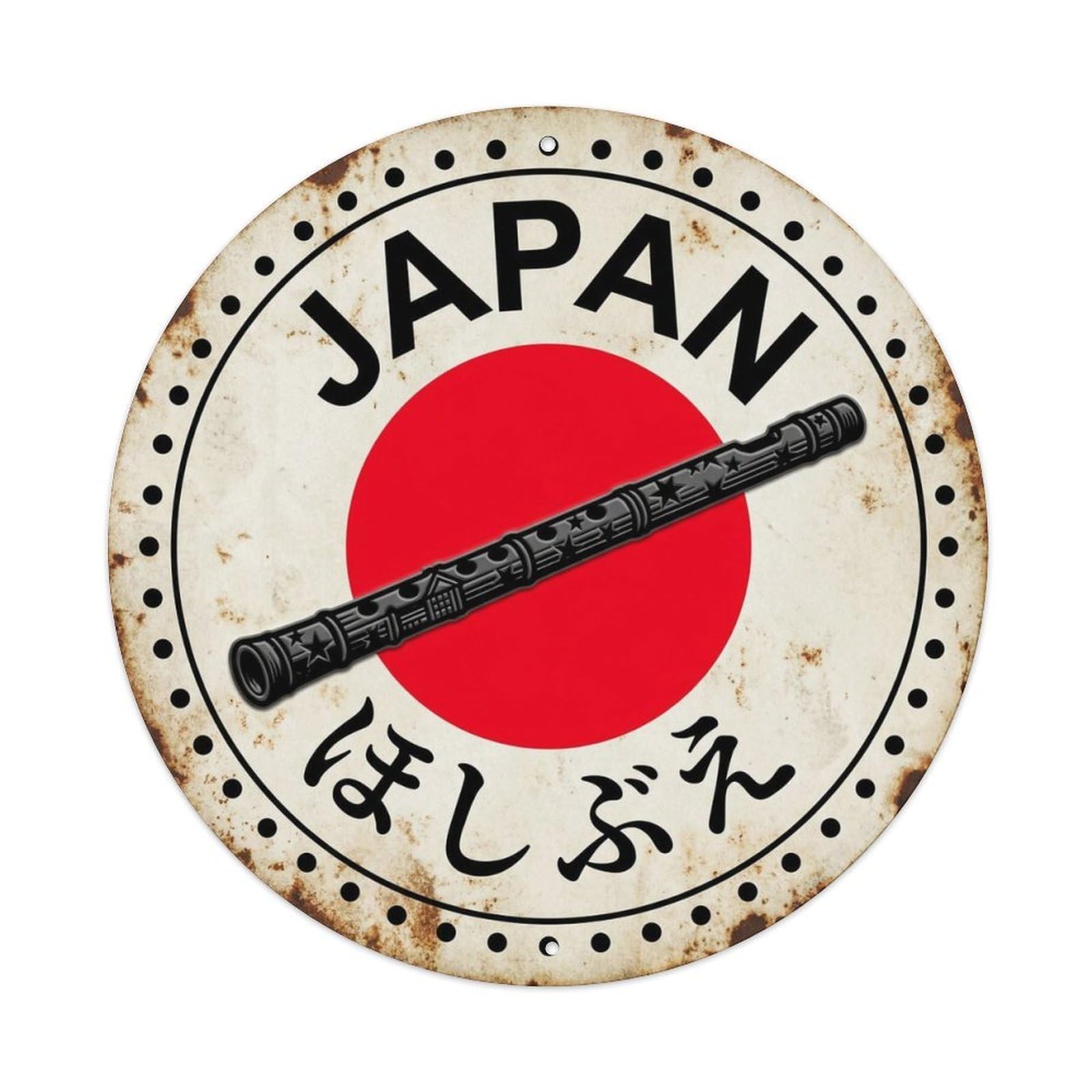 Star Flute Japan Celestial Design Weathered Craft Motif Metal Tin Sign Plaque Wall Decor for Cafe, Man Cave, Club Bar, Office, Home Garden Round Metal Poster 8x8Inch